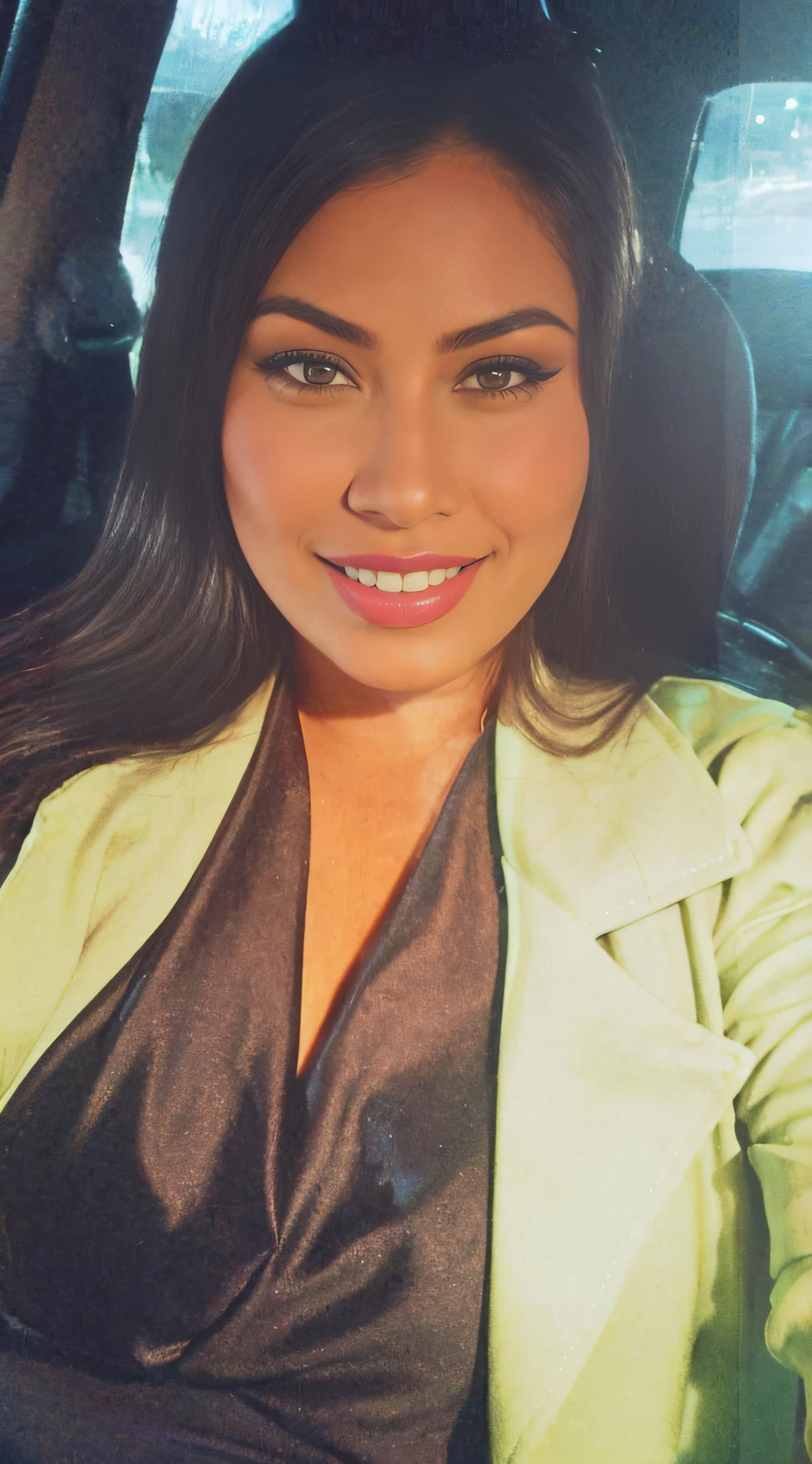 There's a woman sitting in a car smiling at the camera, Lorena Avarez, imagem de perfil, retrato de Haifa Wehbe, Alanis Guillen, selena quintanilla perez, Karla Ortiz, Parece Laura Barriales, foto do perfil, mulher de 30 anos, 3 0 anos de idade mulher, Ayahausca, Mulher mexicana bonita