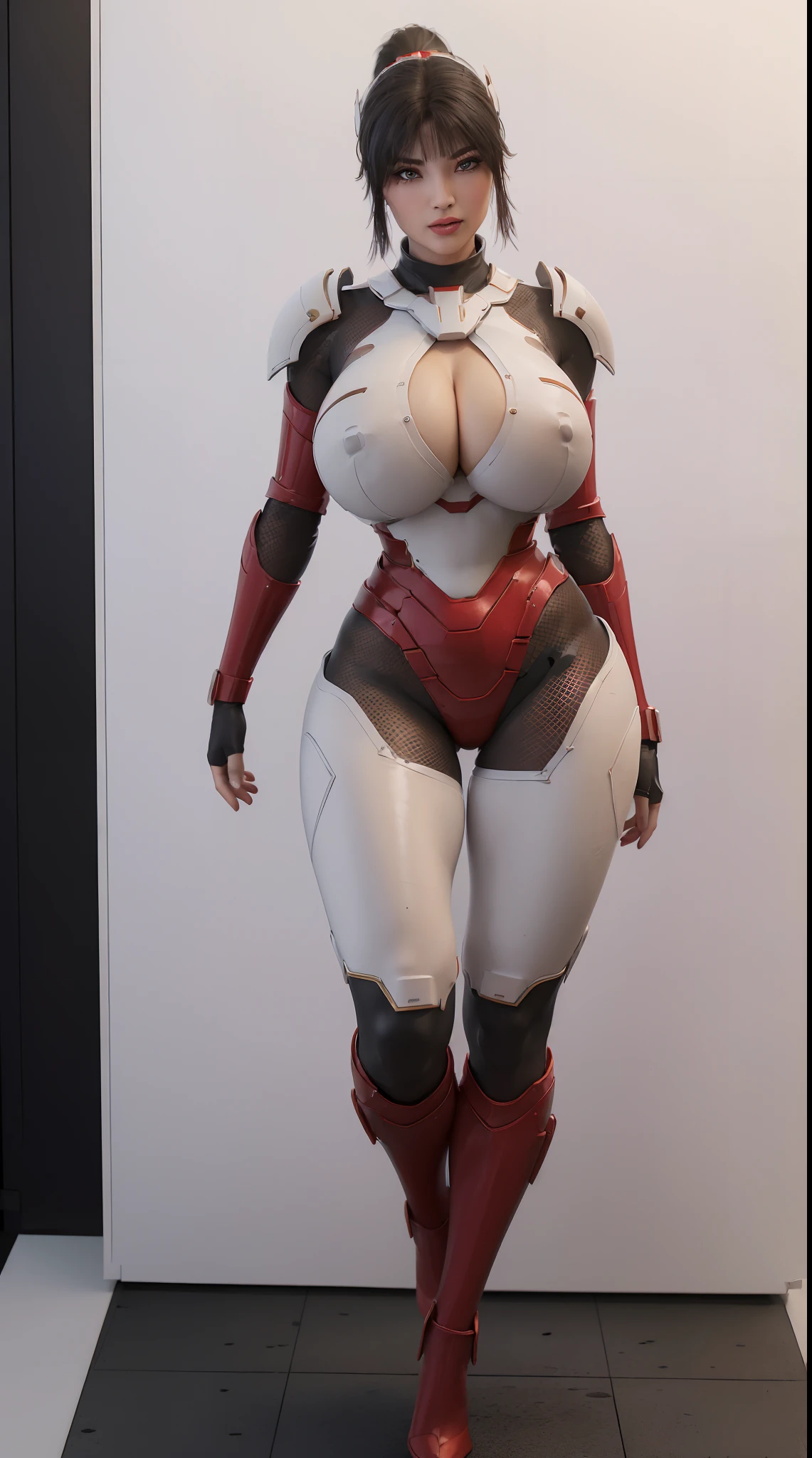 (1GIRL,SOLO:2), (super detailed face), ((BIG BUTTOCKS, HUGE FAKE BREASTS:1.5)), (CLEAVAGE TOP:1.5), (11 LINE ABS FEMALE:1.4), (MECHA GUARD ARM:1.4), ((WEAR RED MECHA OVERWATCH ARMOR SUIT CROP TOP, BLACK MECHA SKINTIGHT SUIT PANTS, MECHA GUARD ARMOR LEGS, HIGH HEELS:1.5)), (LEWD VOLUPTUOUS BODY:1.3), (GLOWING SKIN:0.8), (LONG LEGS, FULL BODY:1.1), (PORTRAIT,LOOKING AT VIEWER:1.3), (female focus:0.886), (WALKING DOWN HALLWAY OF FUTURISTIC SPACE STATION:1), (BRIGHT LIGHT WHITEROOM:1.3), SUPER TEXTURE, UNREAL ENGINE RENDER, PHYSICALLY-BASED RENDERING, ULTRA HIGHT DEFINITION, 16K, 1080P.