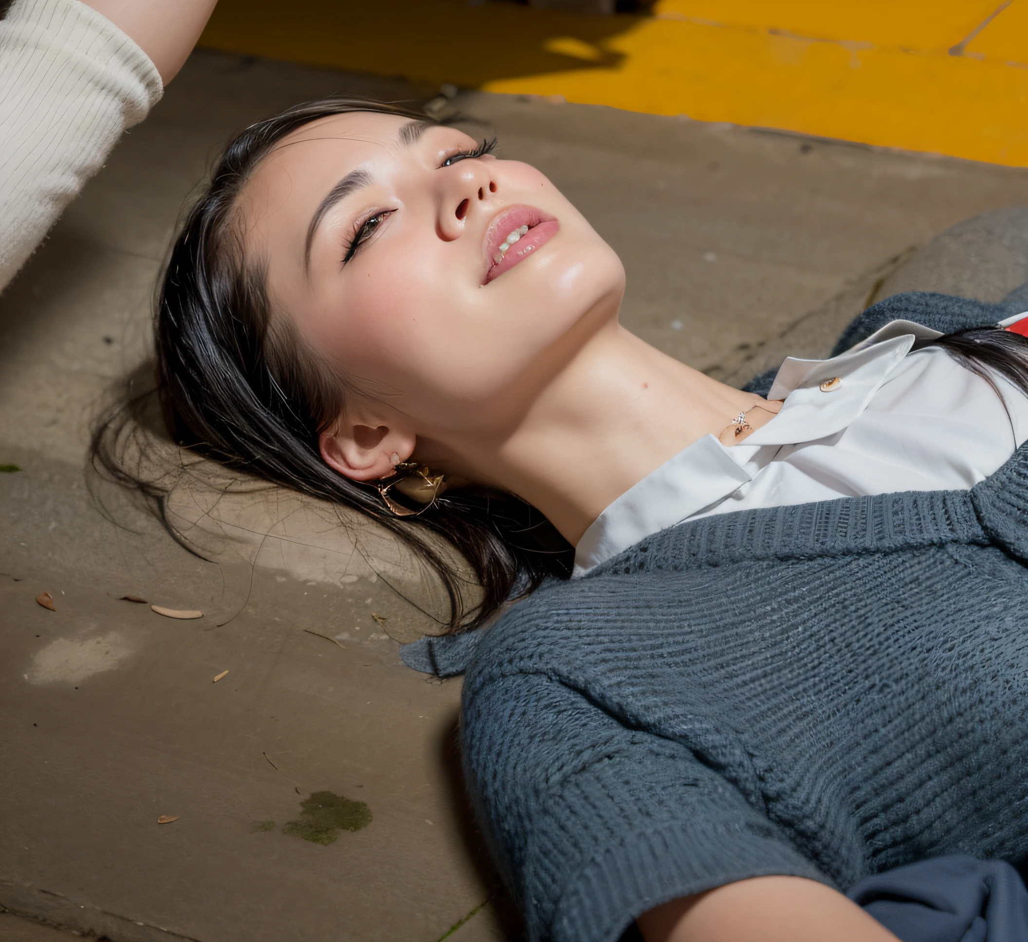 (Best quality, 8k, 32k, Masterpiece, UHD:1.2), Japanese School Girl laying on the ground, with black short hair, Bob Hair style, darker hair