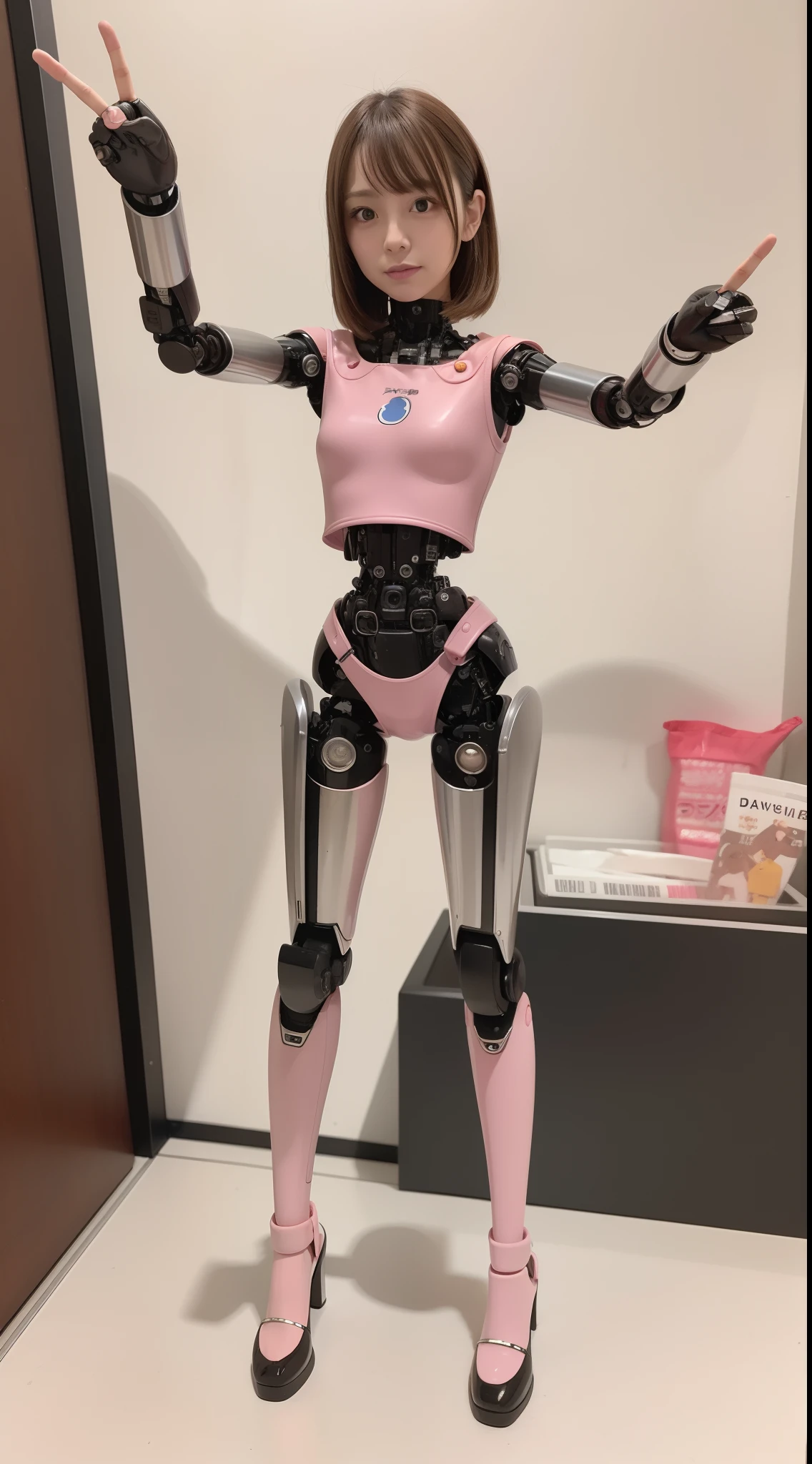 Robot Girl, pink there, Silver, metalic, Robot Parts, Metal Parts, Super Detailed Face, Super well-formed face, of the highest quality, a small face, small head, Full body, Brown hair, Slender body, Camera gaze, Internal Mechanical Exposure, Idol, Well-proportioned body, gravure, Photo session, akihabara, Moe Pose, front facing, Standing with legs open, Banzai pose with open arms, Model body type, sad, Embarrassing, Perfect Robot Girl, Perfect machine body