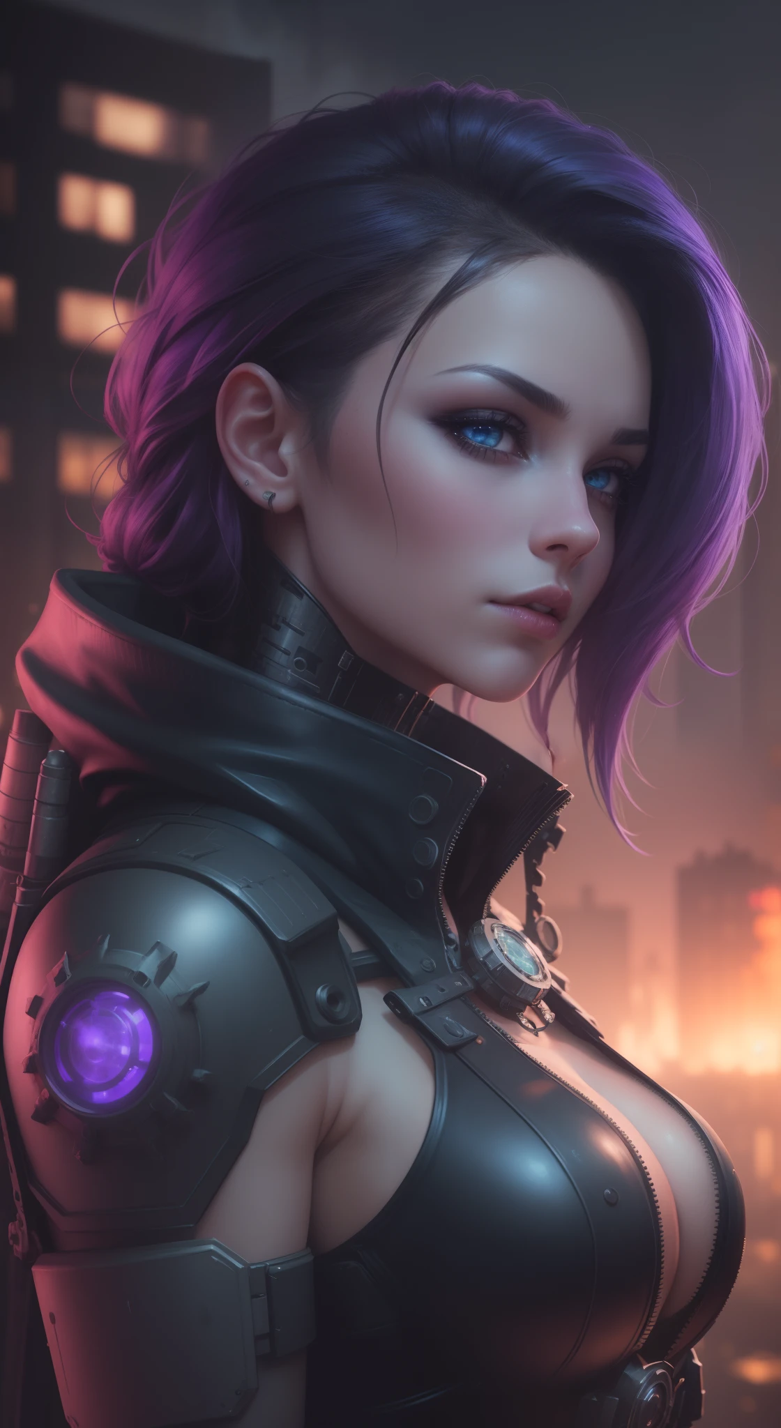 (Best quality,4K,8K,A high resolution,Masterpiece:1.2),Ultra-detailed,Realistic,Mechanical,punk,steampunc,Cyberpunk,Girl,Beautiful detailed eyes,beautiful detailed lips,Extremely detailed eyes and face,long eyelasher,Mechanical girl,Metallic body,cybernetic implants,leather outfit,High-tech goggles,wrench,metal gears,industrial background,City view at night,Neon lights,Sci-fi technology,Glowing tattoos,Intricate patterns,gritty atmosphere,Dark and moody,Avant-garde,urban,Machinery,retro-futuristic,Tone-mapping,blue and purple color scheme,Dramatic lighting,Smoke and steam effects
