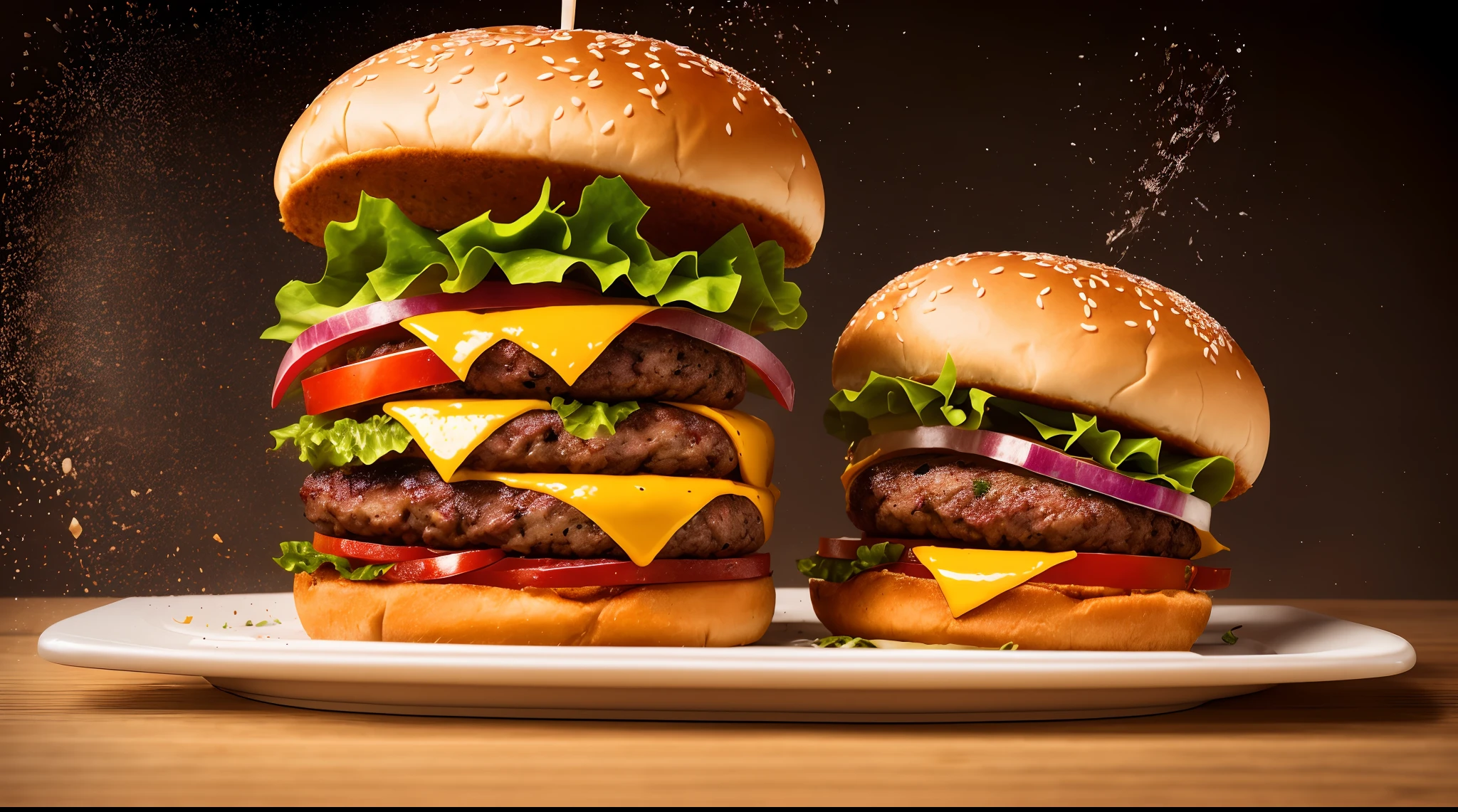 A burger falling in pieces juicy, tasty, hot, promotional photo, intricate details, hdr, cinematic, adobe lightroom, highly detailed