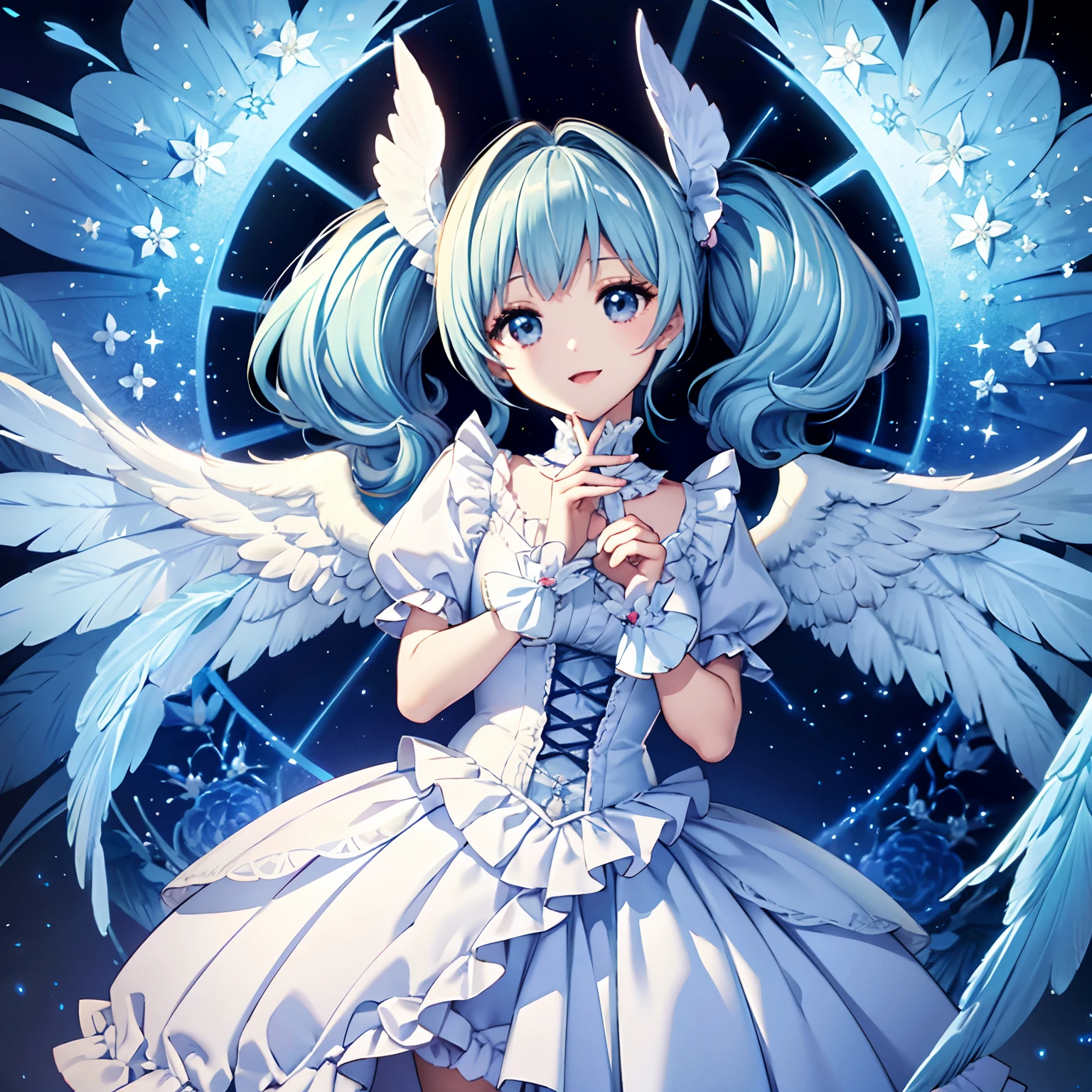 Angel wings shining in seven colors、1 kawaii girl、adorable smiling、Twin tails with long light blue hair、Colorful angel costume in lolita style with ruffles、A blizzard of fluttering flowers(Some photos)、((top-quality))、((​masterpiece))、(ighly detailed、highestdetailed、Official art、Beautifully Aesthetic:1.2)