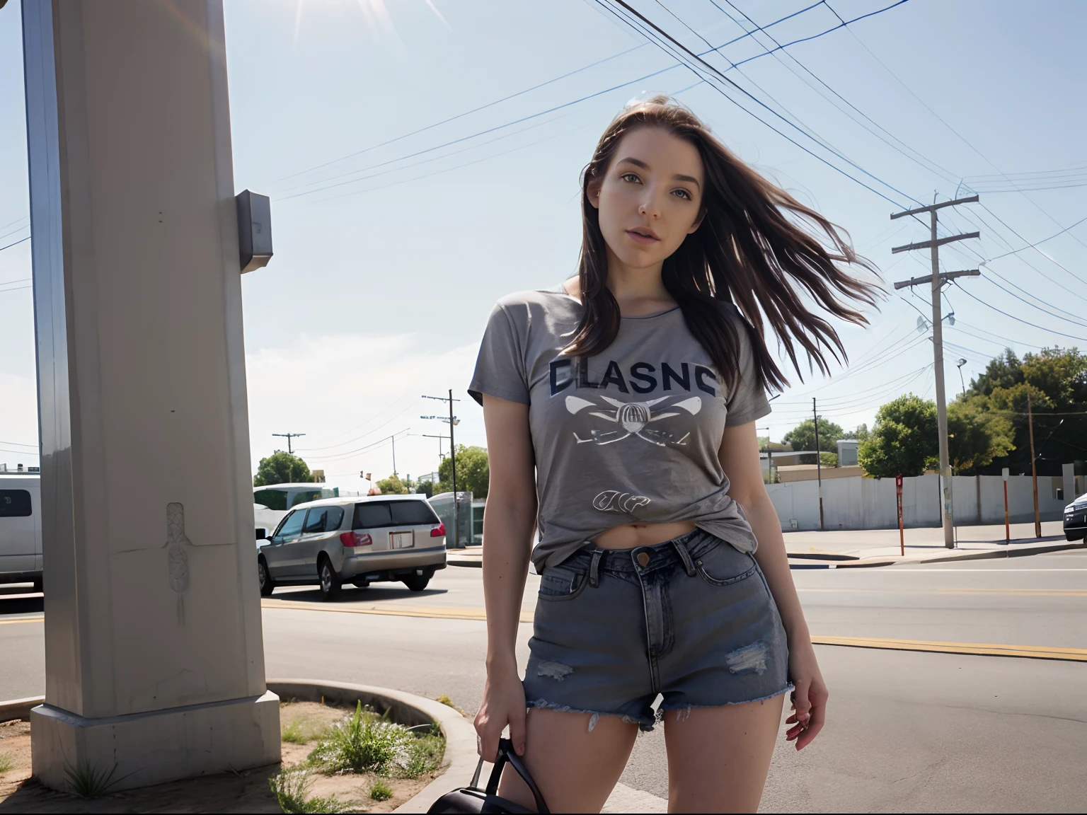 foto hiper-realista de Angela White, 28, (Grey cotton t-shirt, shorts jeans desgastados) (penetrante, olhos azuis) (sedoso, flowing hair) (textura da pele), suburb, transmission lines, trilhos, Paisagem de Los Angels, Late summer colors , cor quente, Analog Quality, Melhor sombra, filmic grain, .RAW, LUT do instagram (corpo inteiro)