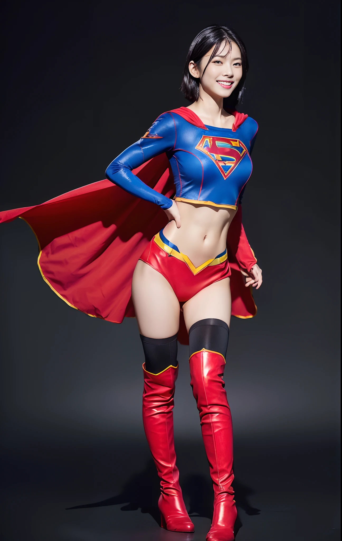 Asian Beautiful Girl、(((Wear black tights on your beautiful legs.)))、(((beauty legs)))、(((facial expression of smile)))、((((Make the most of the original image)))、(((Supergirl Costume)))、(((a short bob、beautiful hairl)))、(((Suffering)))、(((Feet must necessarily be worn with black tights)))、(((You need to wear red boots)))、((Top image quality、8K))、((top-quality、8K、​masterpiece:1.3))、(((Keep your background simple)))、Crisp focus:1.2、Beautiful woman with perfect body shape:1.4、Slender Abs:1.2、a wet body:1.5、Highly detailed facial and skin texture、8K、beauty legs