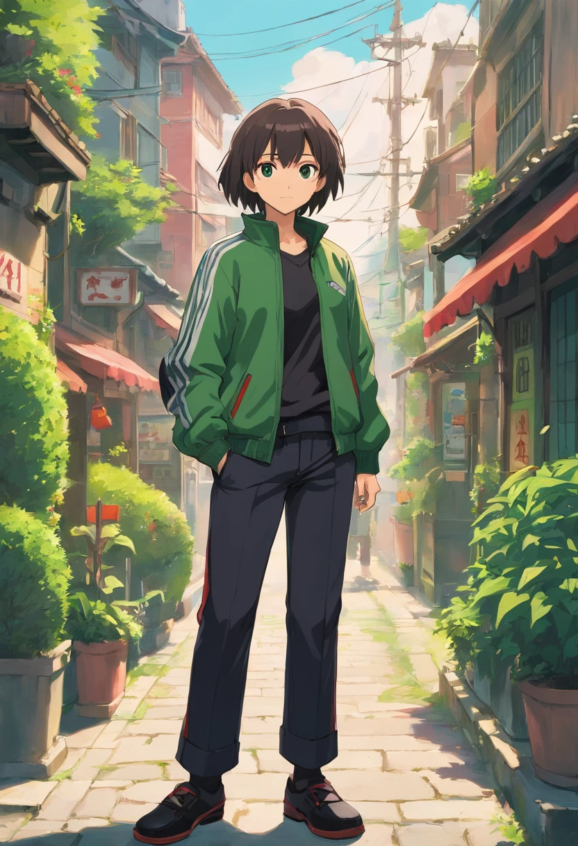 estilo anime, coiote cinza humanoide, Black jacket, Black pants with green stripe, chifres verdes, olhos vermelhos, tiny beard, mean look, segurando faca sangrando, Dead corpse in the background, fundo do beco.
