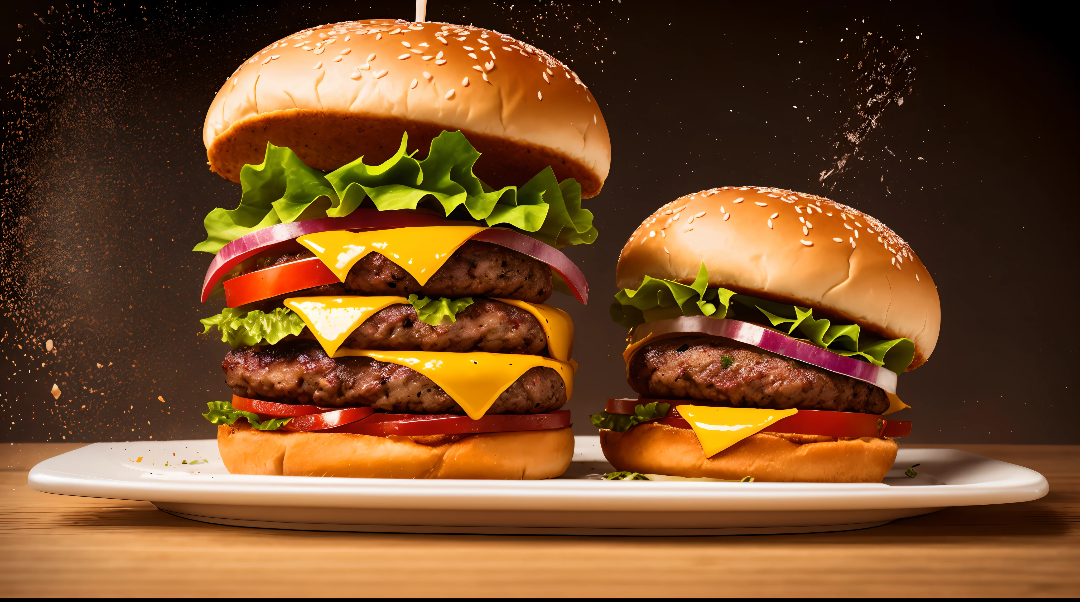 A burger falling in pieces juicy, tasty, hot, promotional photo, intricate details, hdr, cinematic, adobe lightroom, highly detailed