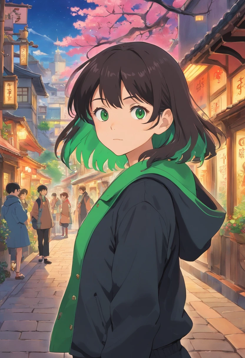 estilo anime, humanoide coiote cinza, cabelo preto, Black jacket, Black pants with green stripe, chifres verdes, olhos vermelhos, tiny beard, mean look, segurando faca sangrando, Dead corpse in the background, fundo do beco.