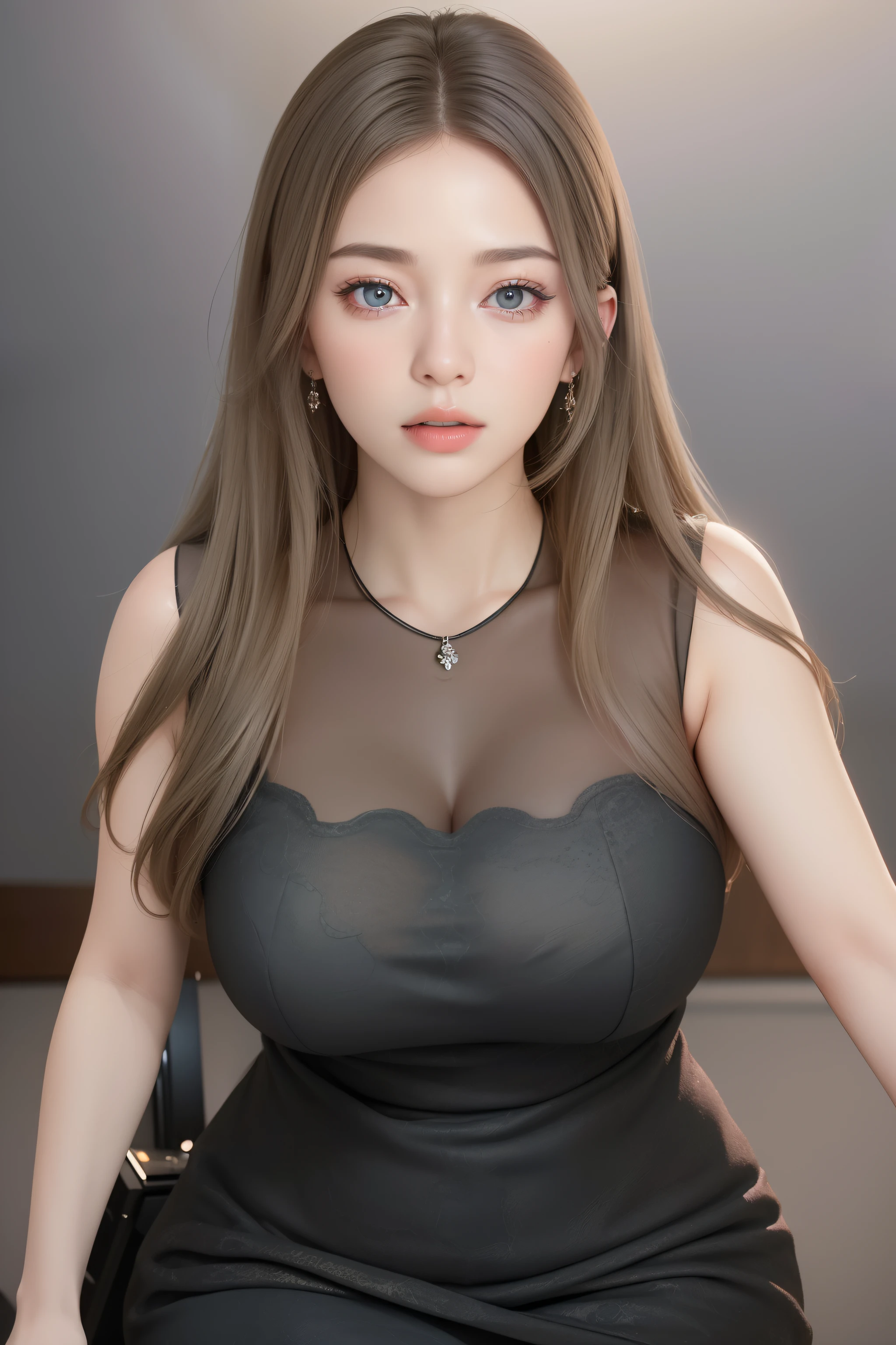 Beautiful big breasts, (bokeh), indoors, detailed luxury living room, gentle and charming beautiful goddess, Korean(kpop-idol), solo, smooth skin, necklace, (grey hair, blue eyes), oval face, double eyelids, smart, good hands, good feet, Natural, (from below angle), (glossy skin:1.05), ((low angle)), Perfect figure, (64k, UHD, RAW photo, best quality, masterpiece:1.4), (realistic, photo-realistic:1.37), ultra high res, photon mapping, radiosity, physically-based rendering, professional soft lighting