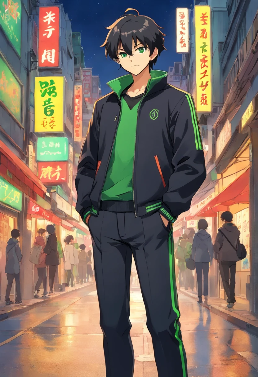 estilo anime, furry coiote cinza, homem, cabelo preto, Black jacket, Black pants with green stripe, chifres verdes, olhos vermelhos, tiny beard, mean look, segurando faca sangrando, Background corpse, fundo do beco.
