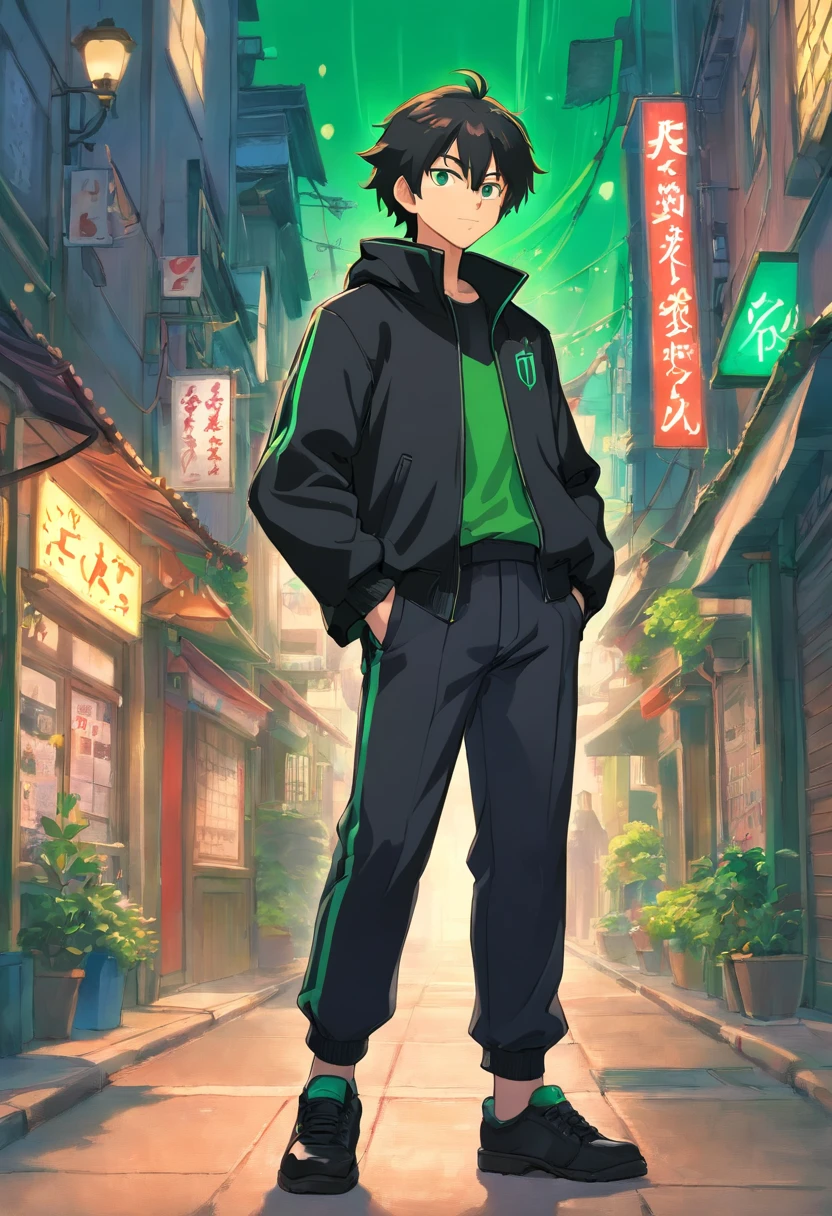 estilo anime, furry coiote cinza, homem, cabelo preto, Black jacket, Black pants with green stripe, chifres verdes, olhos vermelhos, tiny beard, mean look, segurando faca sangrando, Background corpse, fundo do beco.