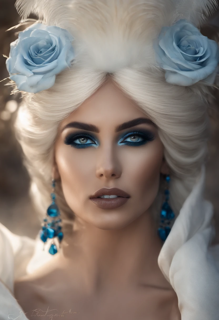master part, extremely high quality, (foco sozinho), (rosto perfeito:1.1), (High detail:1.1), (olhos hiper detalhados), Dramatic, 1 passaro, (bluish coloration), rabo branco, ethereal eyes, sozinho, plumagem detalhada, lua, Noite, terno de luxo branco, proud expression,Praia, Antecedentes detalhados, Arte por Artgerm, Cinematic lighting, Roses, moda, BalenciagaStyle