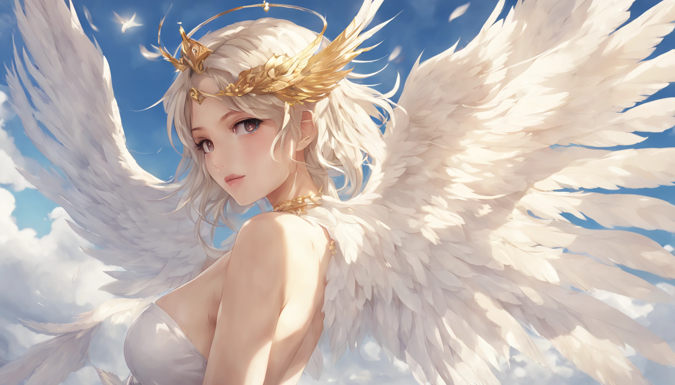 Flying in the sky like a bird、The feathers on the back are impressive、He wears a gold crown on his head、jovem e bonito、flying in sky、Breasts are big and sexy、Alafed woman in white bikini with wings and necklace, Asas angelicais nas costas, anjo bonito, Anjo majestoso de corpo inteiro, um anjo feminino bonito, deusa anime, de anjo lindo, Guweiz, por Yang J, Jovem Anjo Wan, do anjo, de uma meninabonita, Obra-prima de Guweiz, menina do cao do anjo, Trend in CGTacing:、Attractive even from the feathers on the back、Plumagem grande、