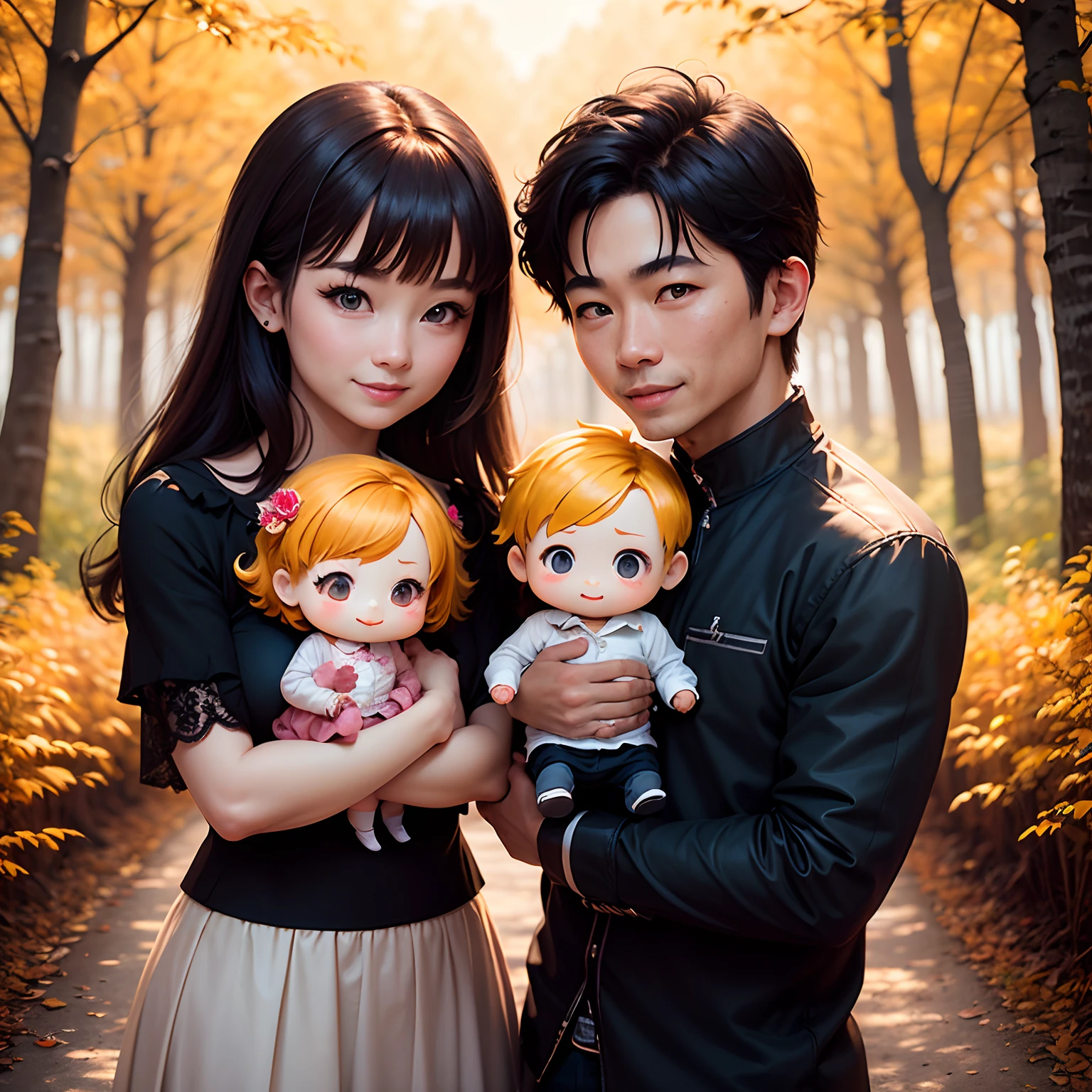 masterpiece、top-quality、ultra-detailliert、(Chibi Chara Family Photo:1.2)、Daddy、mamma、Male child、smiling for the camera、Autumn forest in the background