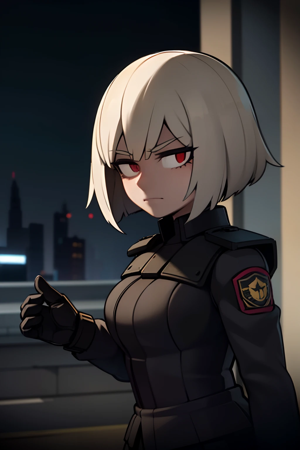 A girl with short blonde hair named Albina standing in the rain in a city at night. She is dressed in a black military uniform as a soldier. Albina has a pistol in her hand, ready for crossfire. The scene is high quality, with 4k resolution, allowing for ultra-detailed rendering. The atmosphere is realistic and photorealistic, with vivid colors and sharp focus. The art style is a combination of portraiture and conceptual art, highlighting the intensity of the moment. The color tone of the image is influenced by the nighttime setting, with a contrast of dark and moody lighting.