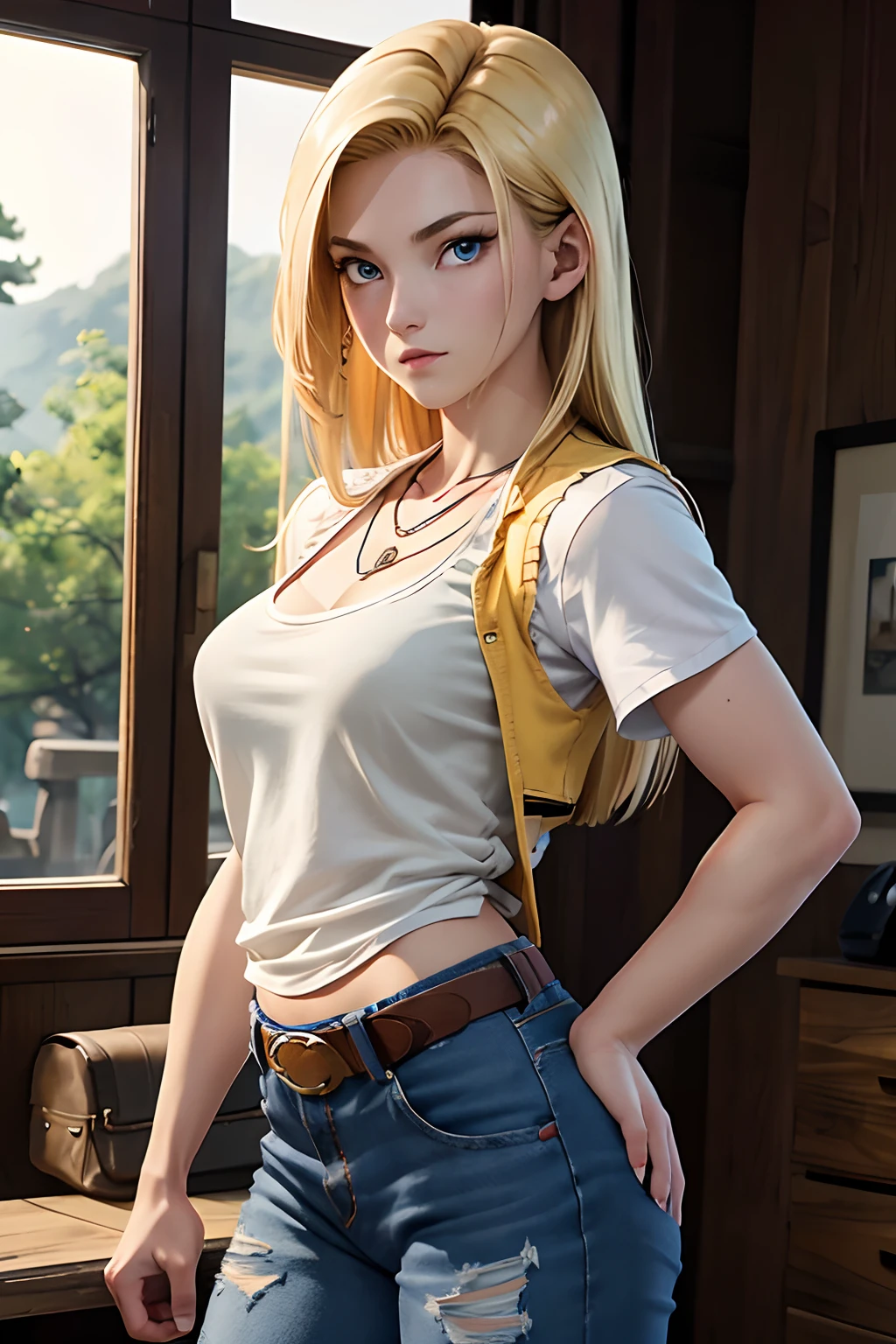 Slender Japan、Light hair color、a blond、verd s eyes、de pele branca、photos realistic、masutepiece, Best Quality,, absurderes, Beautiful Android 18、.....db, Solo, JINS, denim, Belt bag, vests,tshirts、Necklace, jeans, Rock, Volumetric lighting, Best Quality, masutepiece, Intricate details, tonemapping, Sharp Focus, Hyper Detailed, Trending in art stations, Damaged clothes, tits out, Slim body, Good anatomy, Buttocks and curves,、the pose、plein air