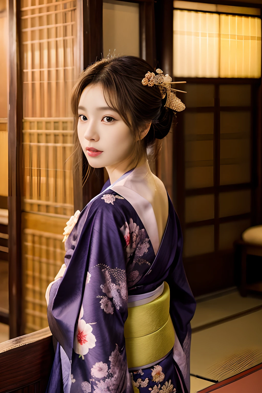 masterpiece、4K、top-quality、beautiful Korean women、detail portrayal、1 girl in、elegent、28 year old、(Kimono:1.1)、kyoto、cowboy shot、turned around
