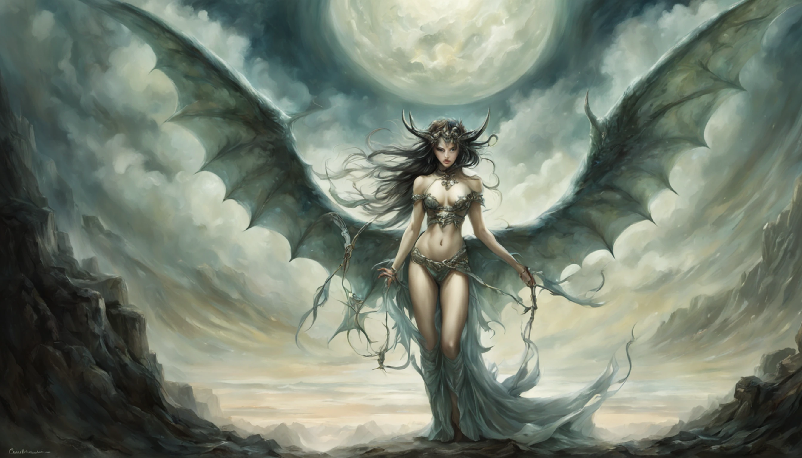 ((melhor qualidade)), ((obra-prima)), (detalhado), ((nua)), succubus sedutora, ethereal beauty, empoleirada em uma nuvem, (Fantasy Illustration: 1.3), olhar encantador, pose cativante, asas delicadas, charme sobrenatural, mystical sky, (Luis Royo:1.2), (Yoshitaka Amano:1.1), noite de luar, cores suaves, (paisagem de nuvens detalhada:1.3), (alta resolução:1.2)