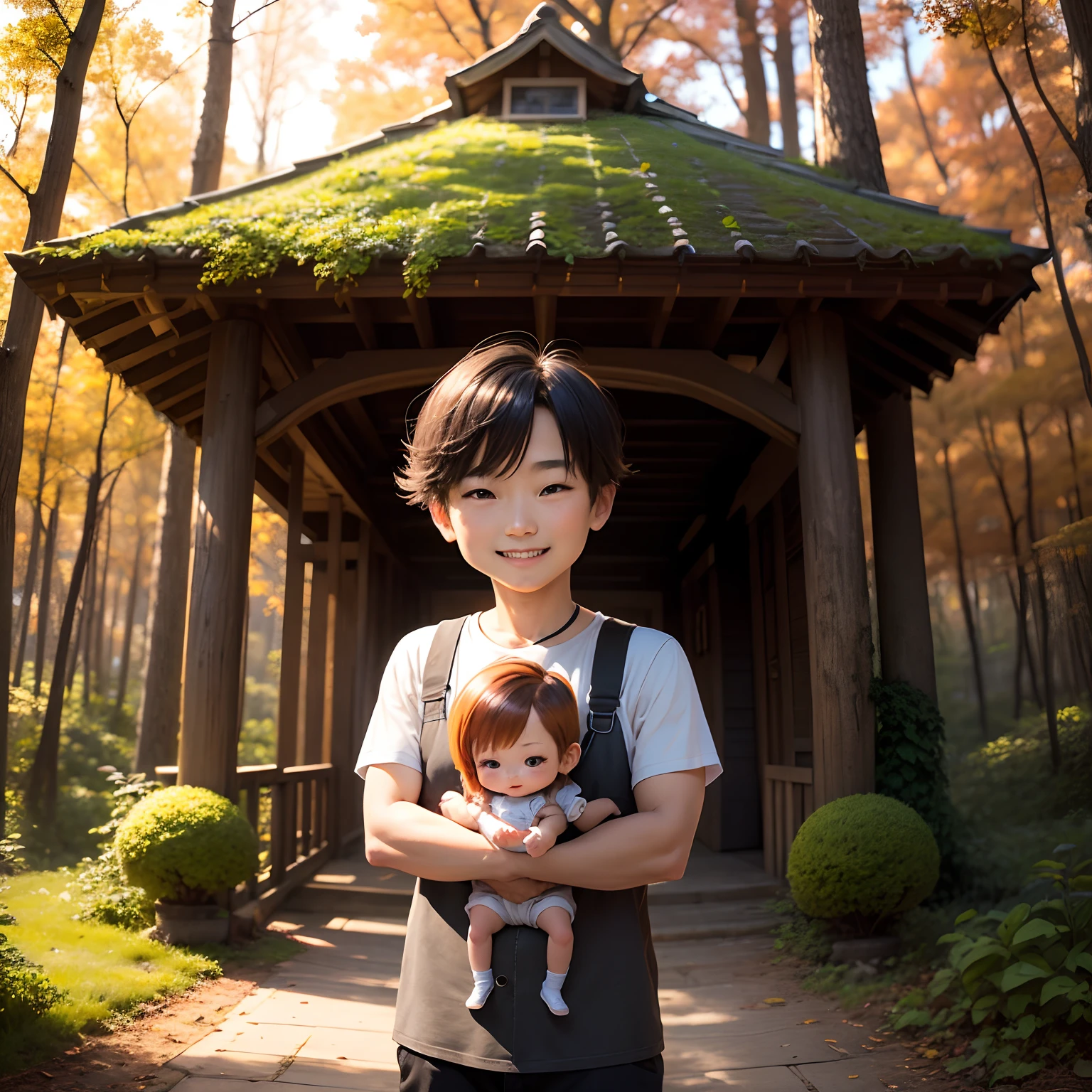 masterpiece、top-quality、ultra-detailliert、(Chibi Chara Family Photo:1.2)、Daddy、mamma、Male child、smiling for the camera、Autumn forest in the background
