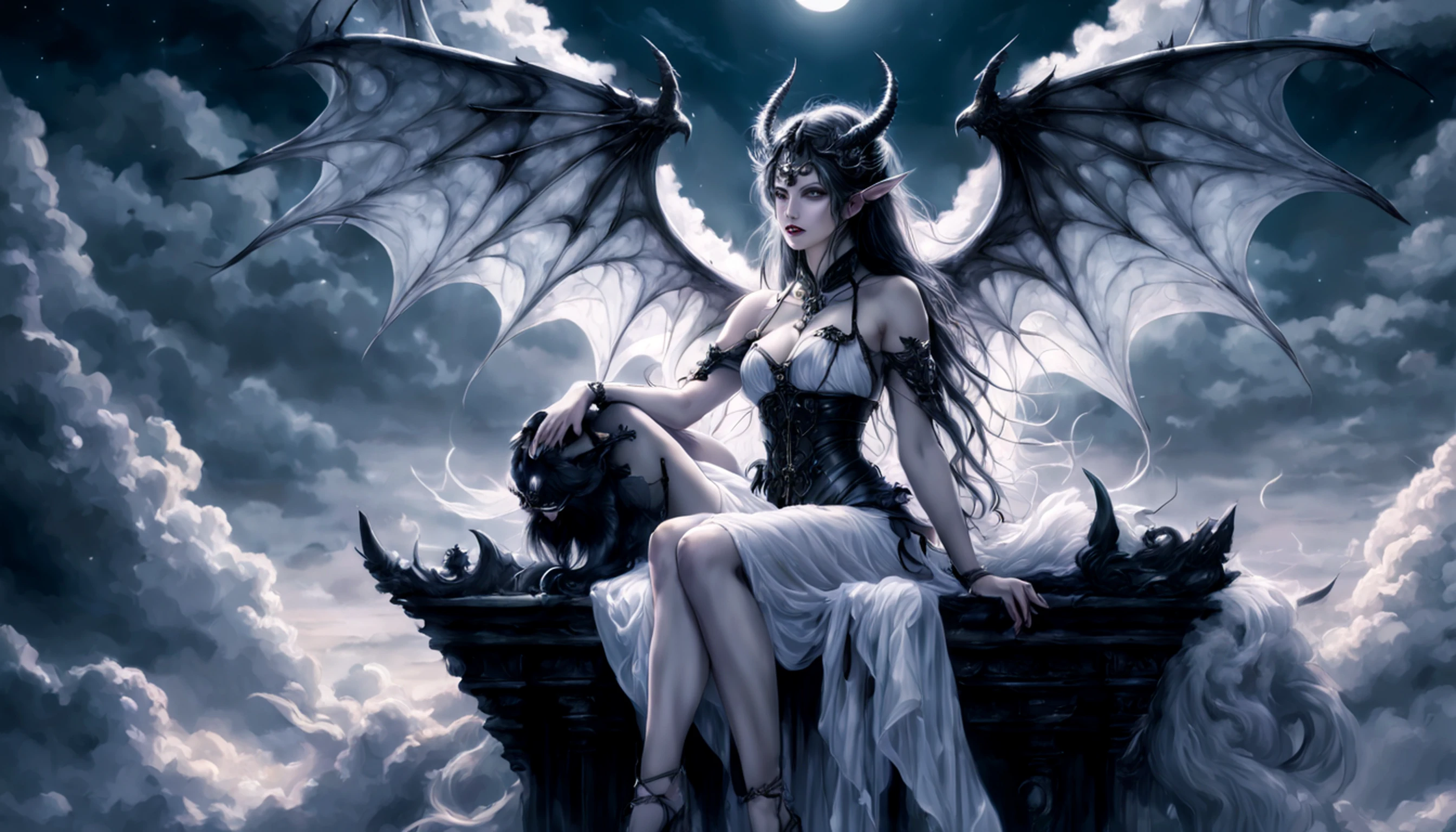 ((best quality)), ((masterpiece)), (detailed), alluring succubus, ethereal beauty, perched on a cloud, (fantasy illustration:1.3), enchanting gaze, captivating pose, delicate wings, otherworldly charm, mystical sky, (Luis Royo:1.2), (Yoshitaka Amano:1.1), moonlit night, soft colors, (detailed cloudscape:1.3), (high-resolution:1.2)