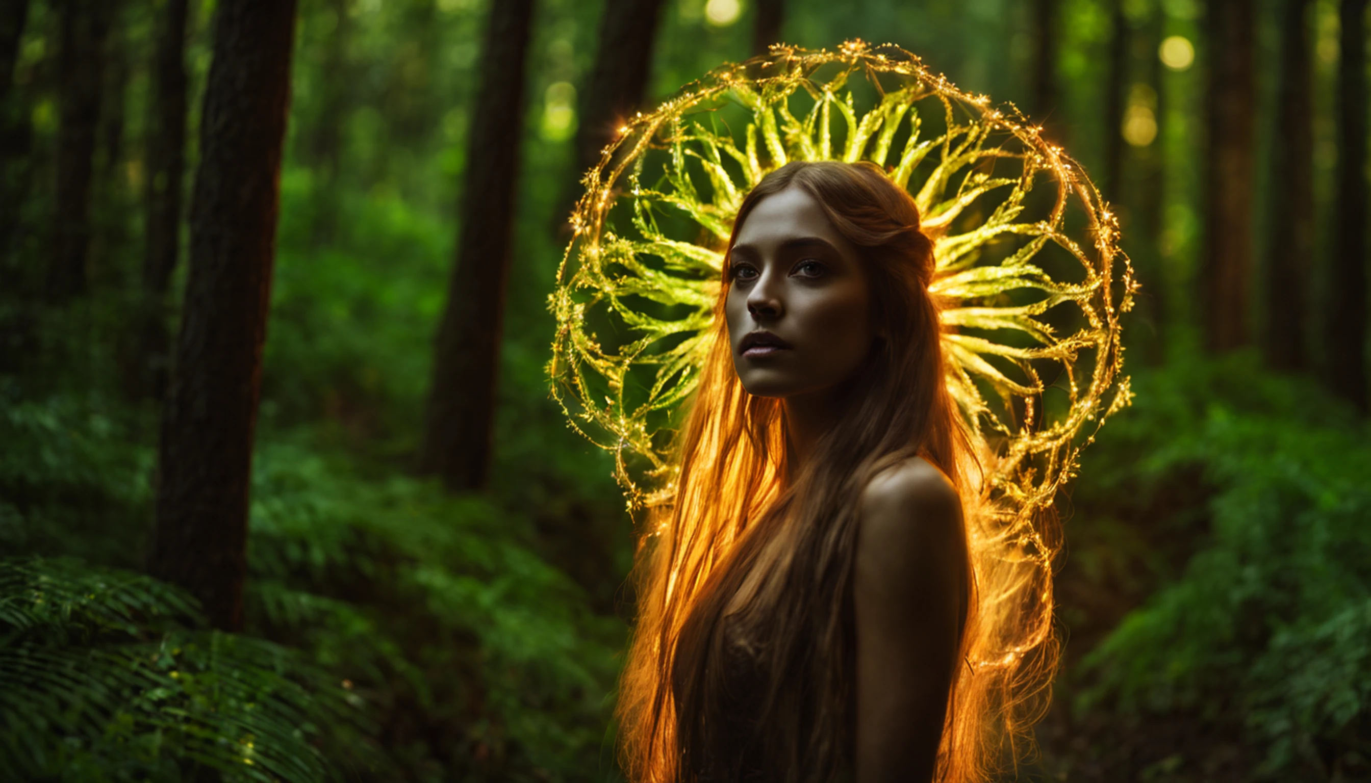 Bruxa velha, em uma floresta iluminada pelo sol, cheio de cristais com brilhos em forma de chakra
