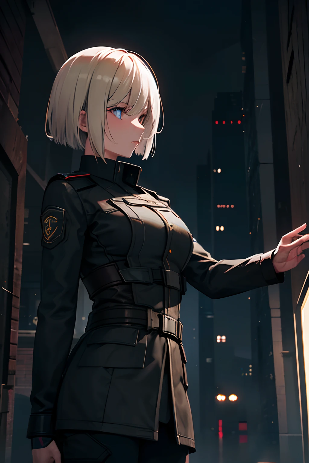 A girl with short blonde hair named Albina standing in the rain in a city at night. She is dressed in a black military uniform as a soldier. Albina has a pistol in her hand, ready for crossfire. The scene is high quality, with 4k resolution, allowing for ultra-detailed rendering. The atmosphere is realistic and photorealistic, with vivid colors and sharp focus. The art style is a combination of portraiture and conceptual art, highlighting the intensity of the moment. The color tone of the image is influenced by the nighttime setting, with a contrast of dark and moody lighting.