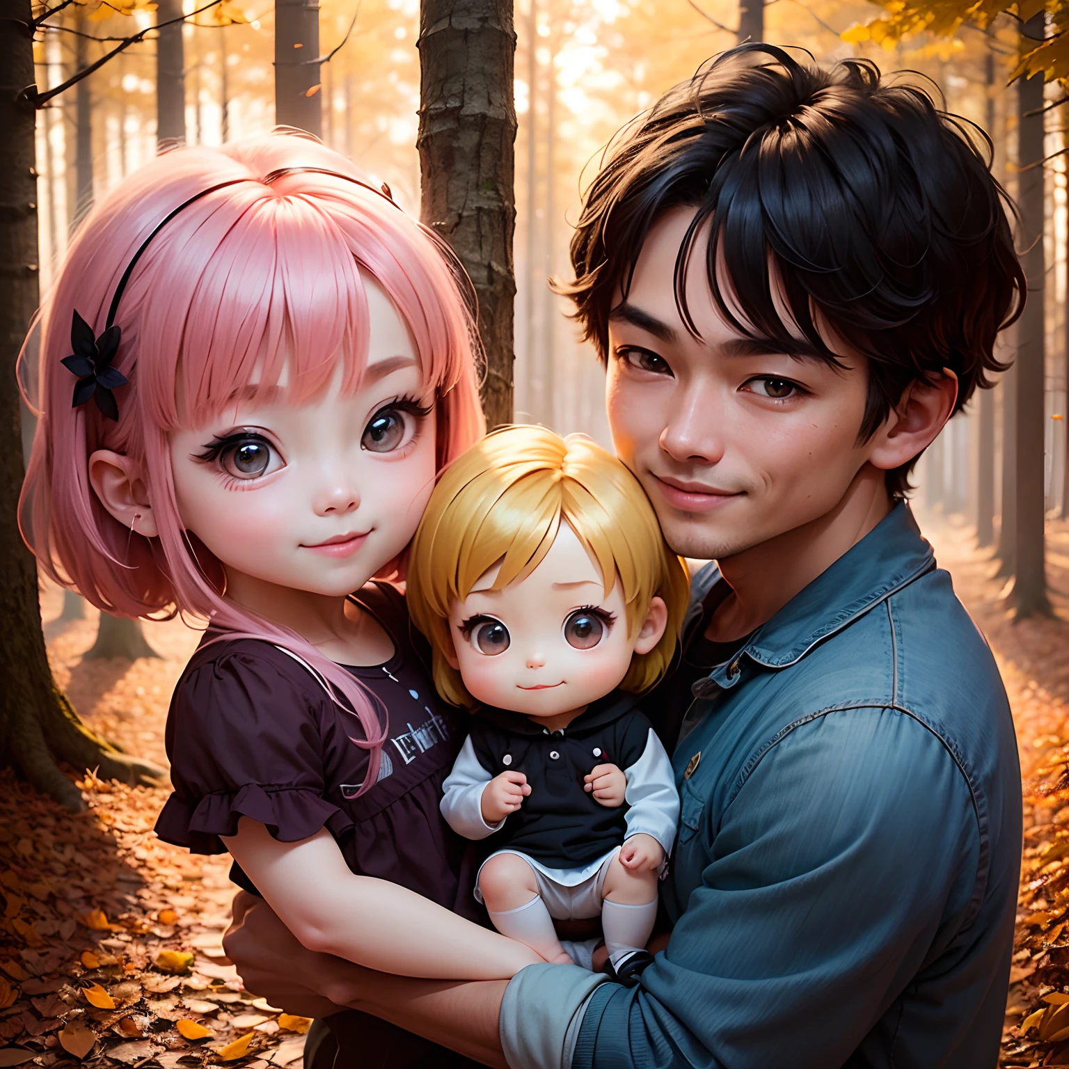 ​masterpiece、top-quality、ultra-detailliert、(Chibi Chara Family Photo:1.2)、Daddy、mamma、Male child、smiling for the camera、Autumn forest in the background