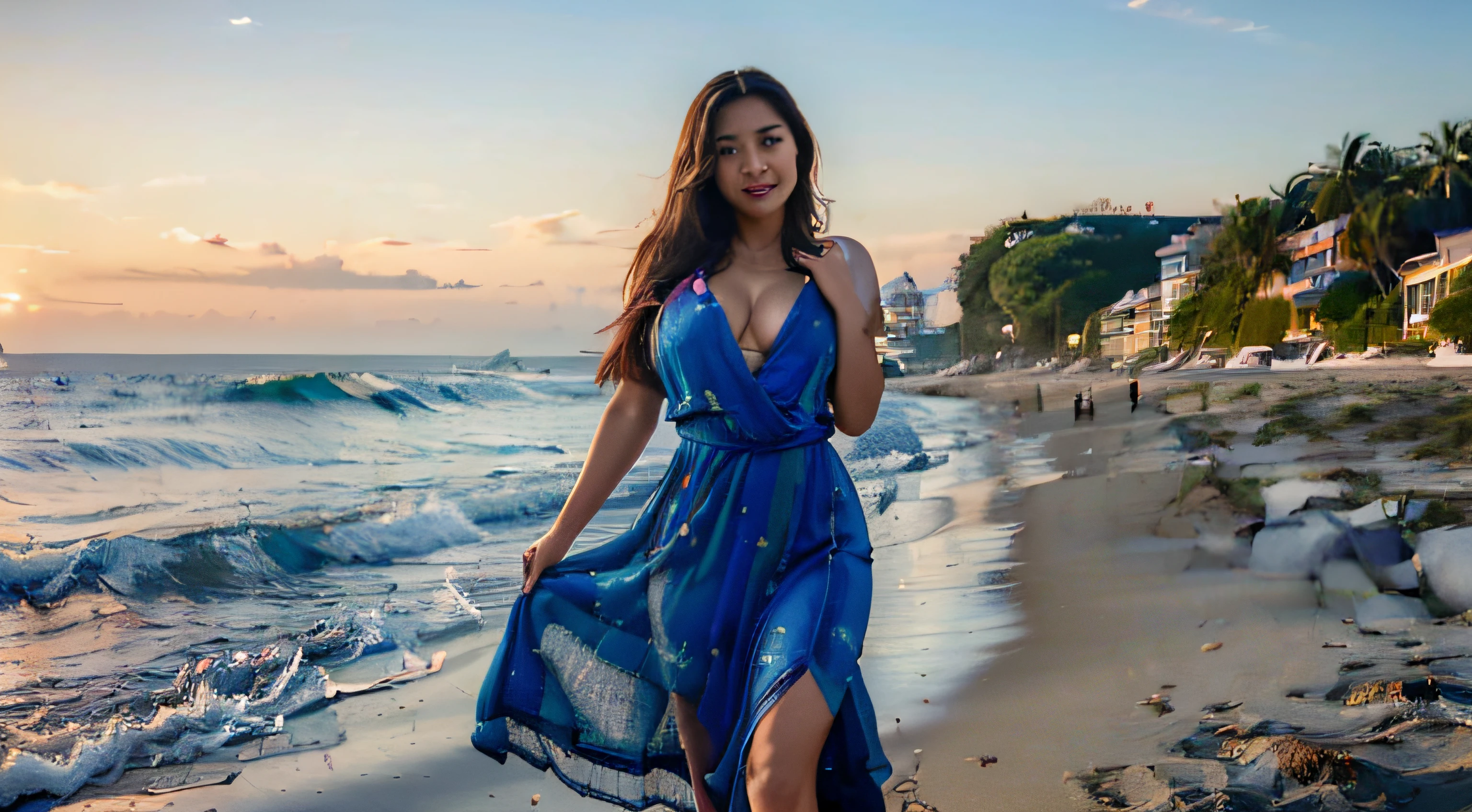 (best quality, 8K, 32K, Masterpiece, UHD:1.5), photo of Beautiful Asian Women, 1 girl, Large breasts, abs, perfect body, ultra detailed face, Long straight hair, detailed lips, Walking on the beach during sunrise, colorful sky, long flowing dress, perfect weather, seductive smile, perfect face, smooth skin, bright picture, lots of color