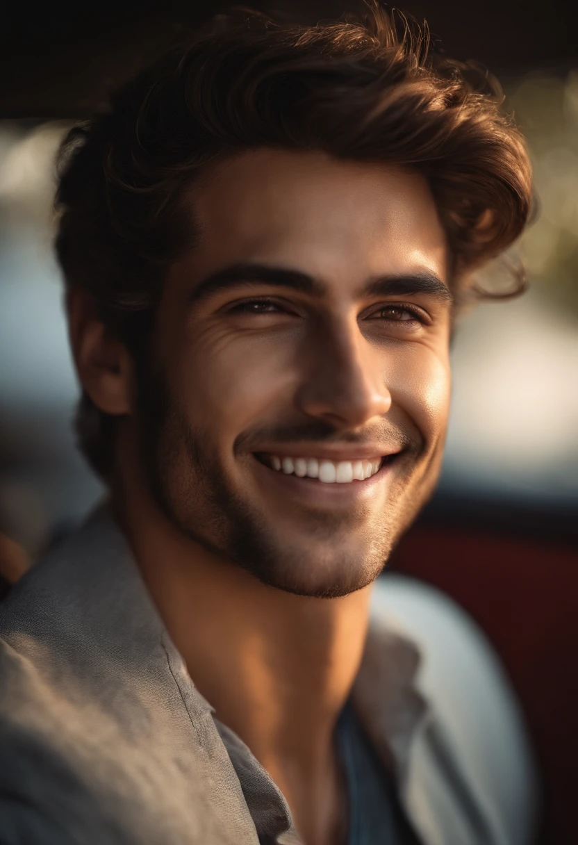 Cinematic soft lighting illuminates a beautiful Brazilian male model with stunning, ultra-realistic details,Smiling towards the camera, foto corporativa, Foto de plano medio, tres cuartos,cruzado los brazos,hermoso aspecto,Short Brown Messy Hair,ojos claros de miel,Sonrisa encantadora perfecta,Sexy Creado,Hombre caliente,insanamente bonito,Esa es la tendencia de ArtStation。Octane is the perfect tool to capture the smoothest details of this 16k photographic masterpiece。