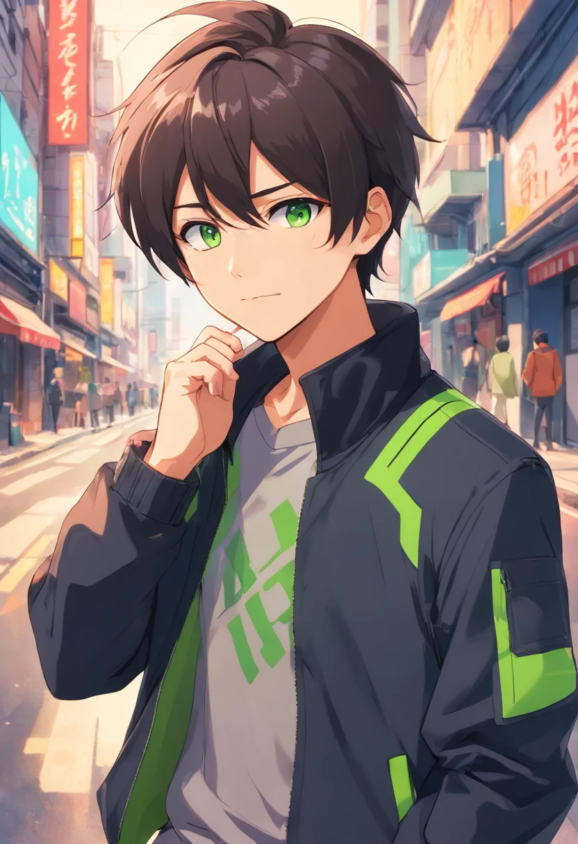 estilo anime, furry coiote cinza, homem, cabelo preto, Black jacket, Black pants with green stripe, chifres verdes, olhos vermelhos, tiny beard, mean look, segurando faca sangrando, Background corpse, fundo do beco.