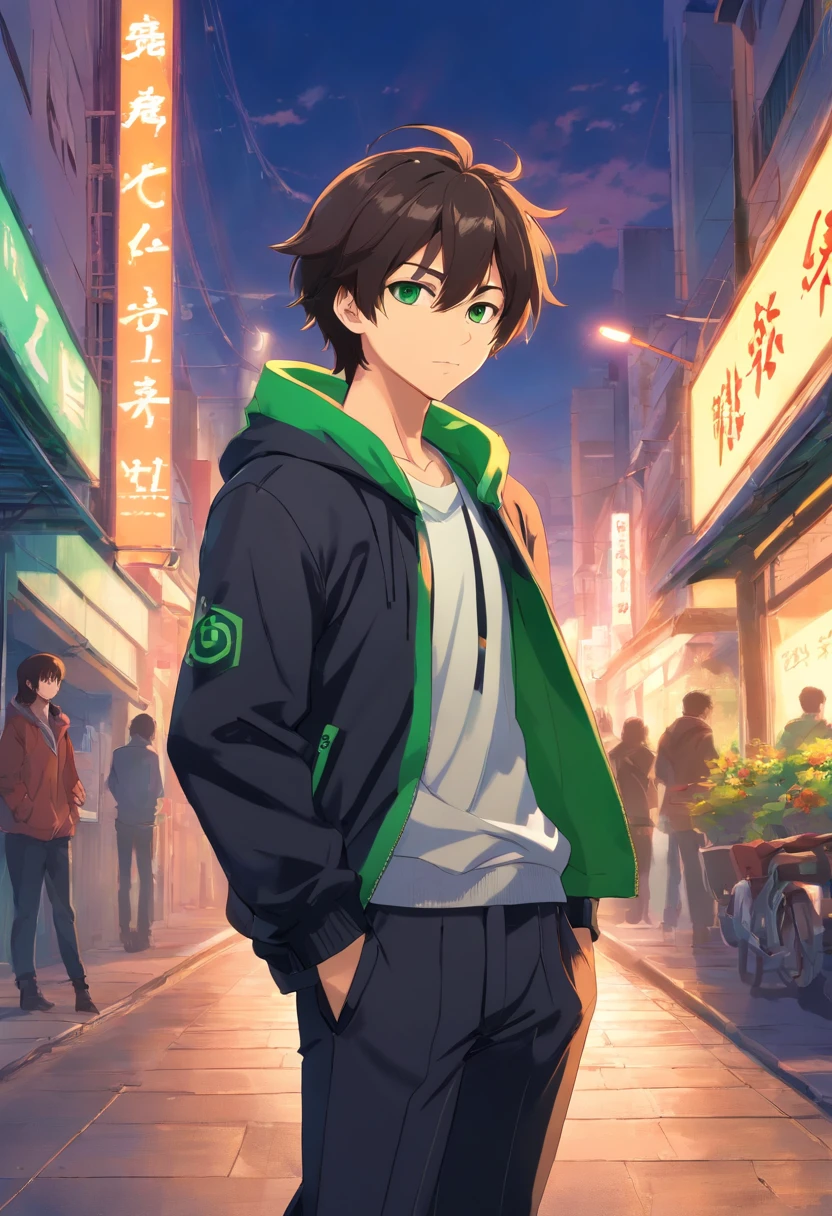 estilo anime, furry coiote cinza, homem, cabelo preto, Black jacket, Black pants with green stripe, chifres verdes, olhos vermelhos, tiny beard, mean look, segurando faca sangrando, Background corpse, fundo do beco.