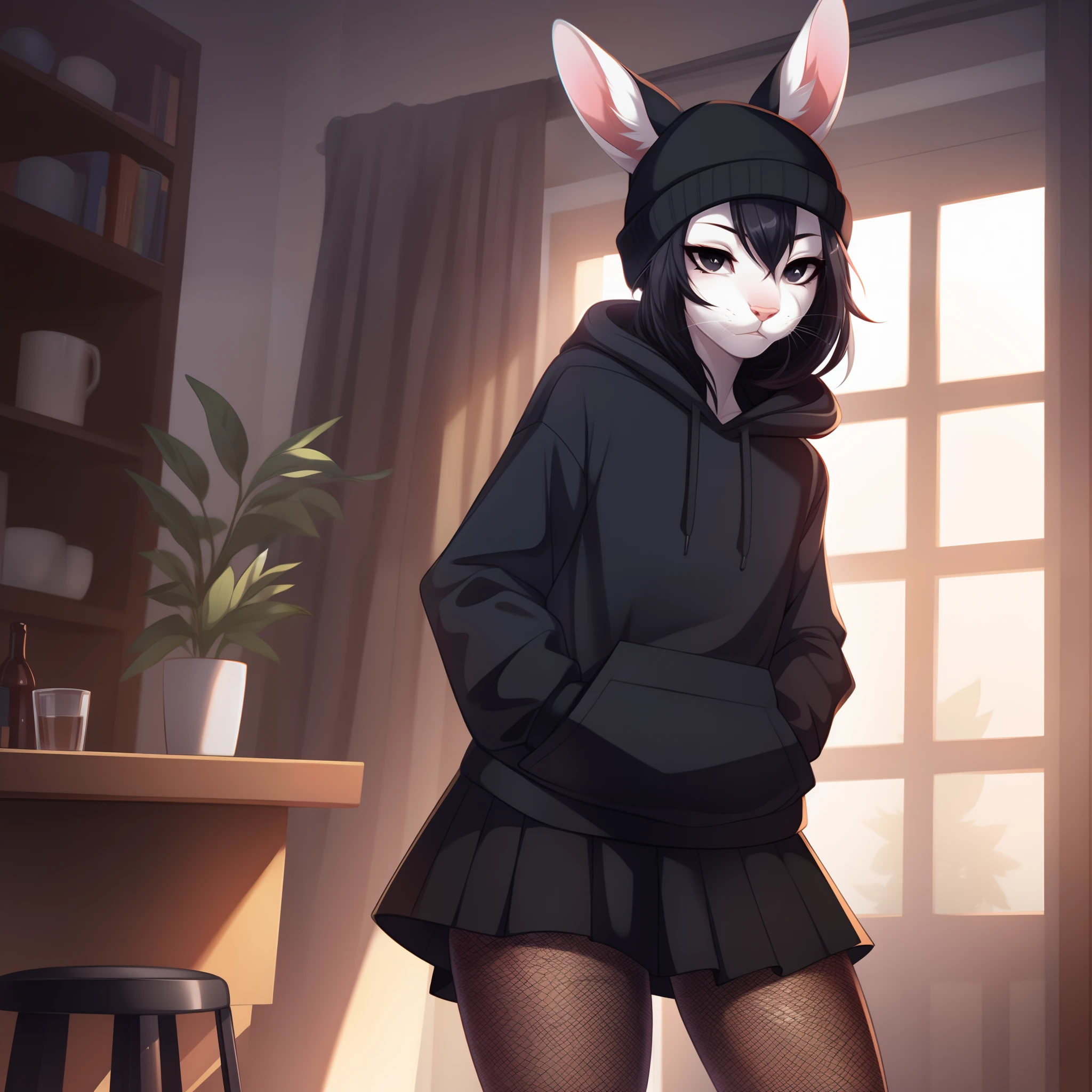 a cute white bunny girl, black eyes, white rings in iris, pink nose, buck teeth,  whiskers, long floppy ears drooping down, fluffy black bunny tail, serious face, black beanie, black hair, black eyeliner, black and white striped hoodie, fishnet leggings, black boots, black skirt, studded belts, standing, indoors, by fumiko, by hyattlen