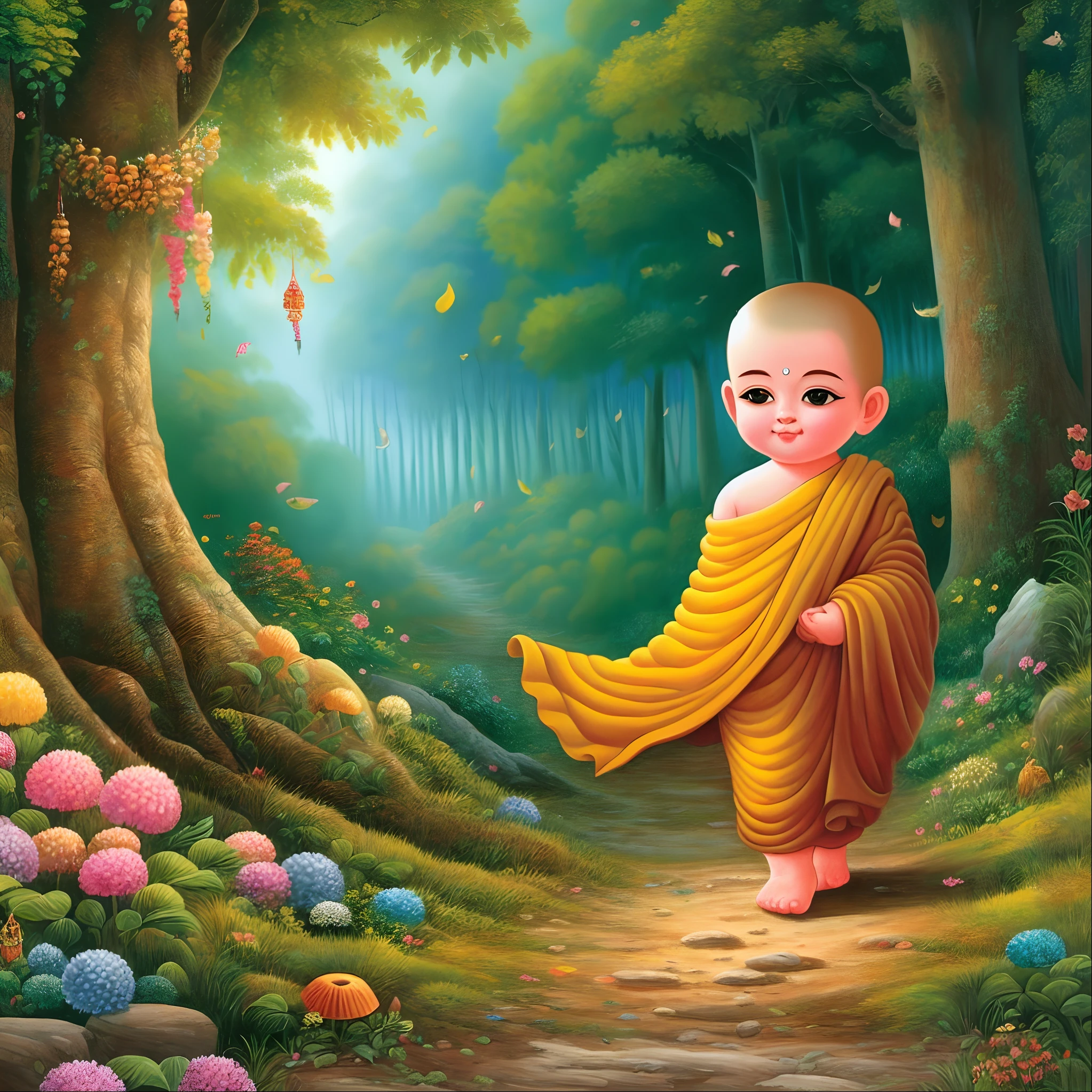 a painting of a little monk walking down a path in a forest, on path to enlightenment, buddhism, buddhist, on the path to enlightenment, buddha, the buddha, buddhist monk, by Ma Quan, a beautiful artwork illustration, monk, nivanh chanthara, by Li Song, buddhist art, adorable digital painting, by Jin Nong, by Lu Guang