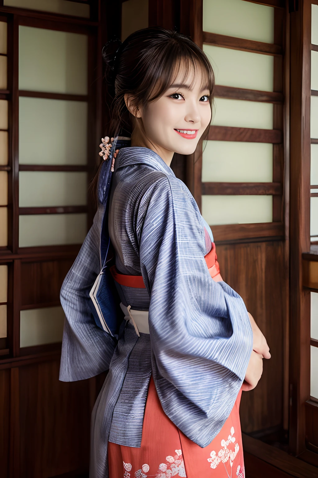 masterpiece、4K、top-quality、beautiful japanese female、detail portrayal、1 girl in、glamor、(kimono:1.1)、A slight smil、natta、skyrocket、cowboy shot、turned around、portlate、