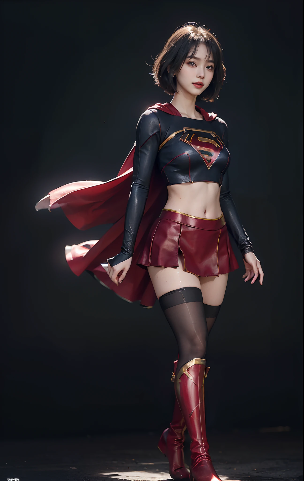 Asian Beautiful Girl、(((Wear black tights on your beautiful legs.)))、(((beauty legs)))、(((facial expression of smile)))、((((Make the most of the original image)))、(((Supergirl Costume)))、(((a short bob、beautiful hairl)))、(((Suffering)))、(((Feet must necessarily be worn with black tights)))、(((You need to wear red boots)))、((Top image quality、8K))、((top-quality、8K、masterpiece:1.3))、(((Keep your background simple)))、Crisp focus:1.2、Beautiful woman with perfect body shape:1.4、Slender Abs:1.2、a wet body:1.5、Highly detailed facial and skin texture、8K、beauty legs
