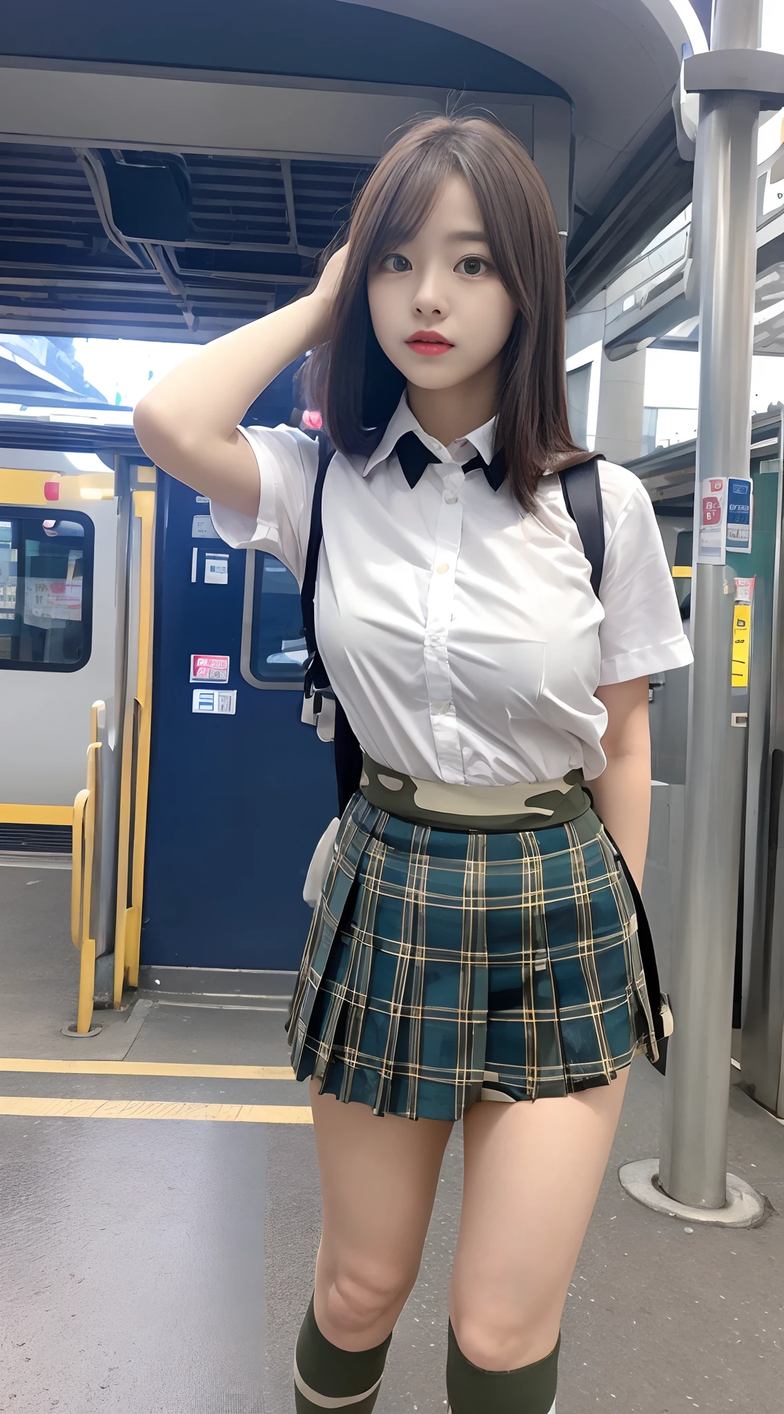 The platform of the train station where the morning sun shines、Ultra short check school uniform skirt、爆乳、An ultra-high picture quality、8K、Inviting look、Looking from above、Hair ruffling pose、