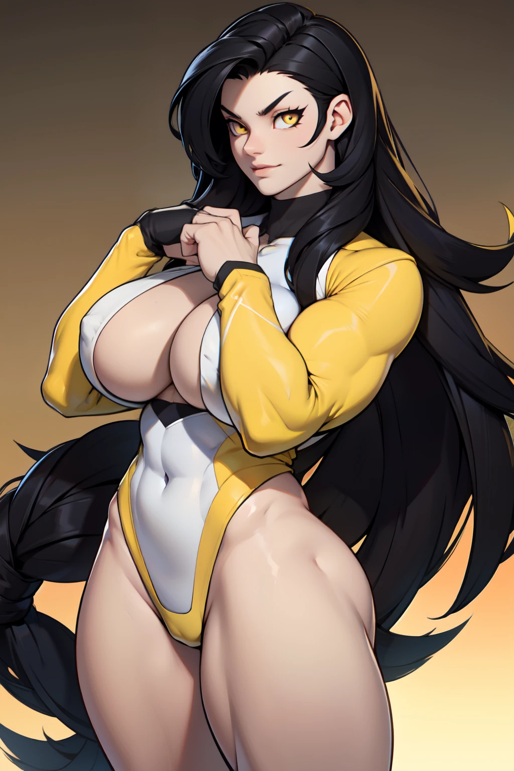 pale skin 1 girl bodybuilder huge tits black hair yellow eyes very long hair