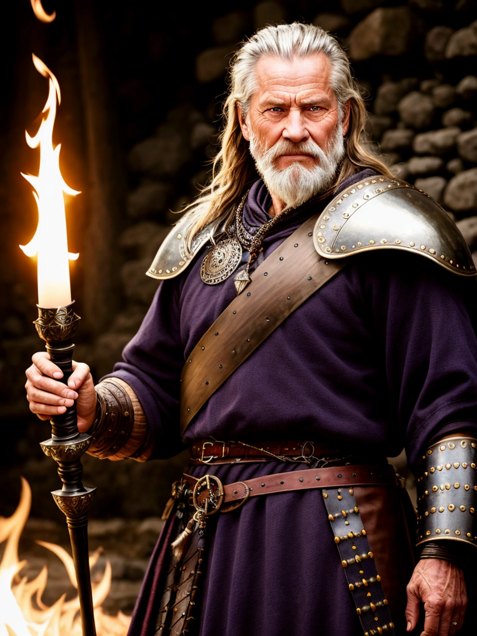 (Highest quality:1.3), cinematic photo, masterpiece, (sharp focus:1.5), (photorealistic:1.3), medium portrait of (a tired-looking old Viking warrior, but still proud and fierce, now the leader of his village, dressed in elaborately detailed chains and leather armor, some torches burn on the walls, giving the scene a dark atmosphere, but carving the forms in sharp chiaroscuro), is nocturnal, (highly detailed skin), (detailed face), detailed background, dark lighting, twilight lighting, volumetric lighting, intricate details, UHD, splash art, art by Artgerm and Greg Rutkowski and Viktoria Gavrilenko, creepy smile, purple light, rule of thirds
