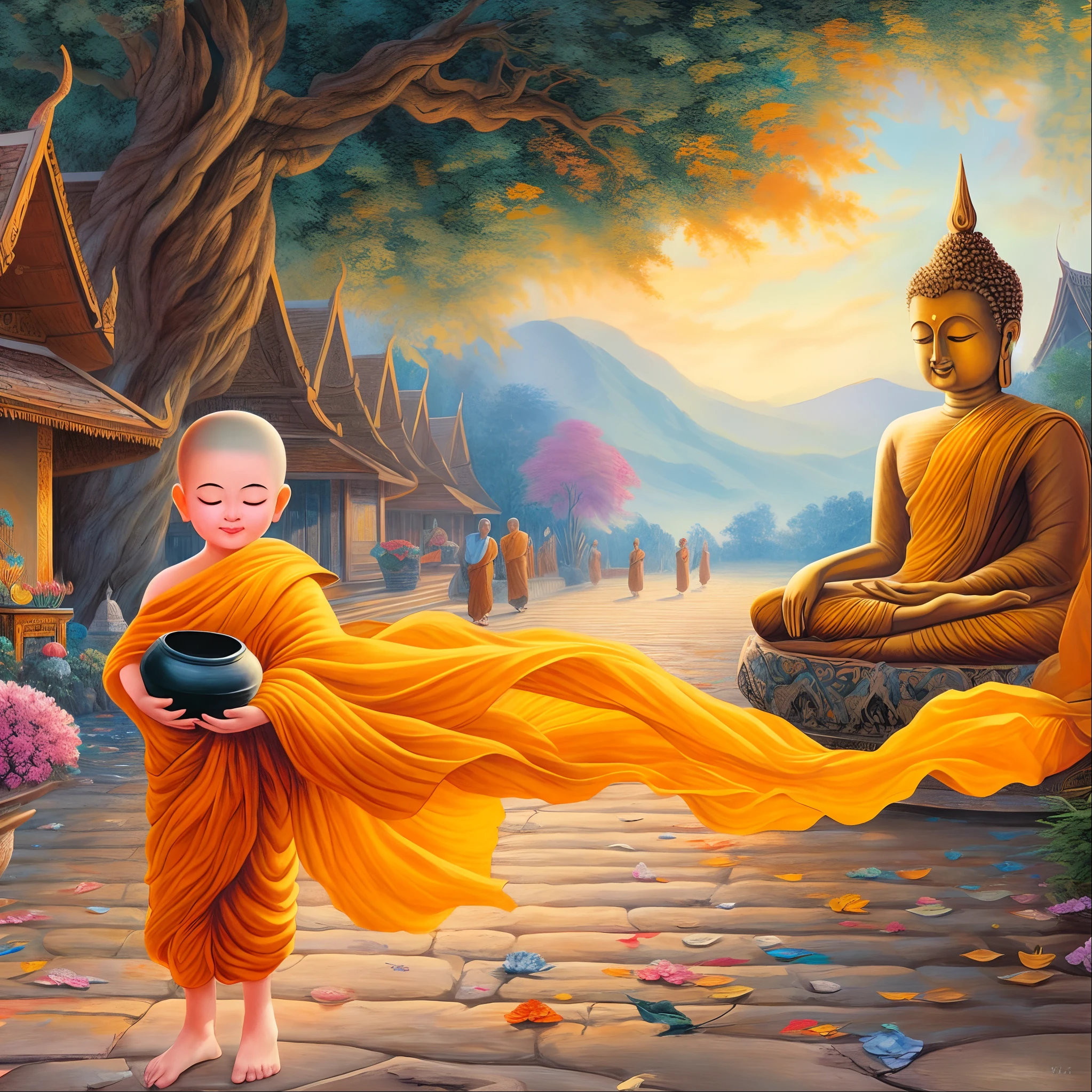 painting of a monk and a  walking down a path, thailand art, buddhist, monks, buddhist monk, buddhism, monk, beautiful depiction, by Ma Quan, monk clothes, by John La Gatta, on path to enlightenment, on the path to enlightenment, buddhist art, tithi luadthong, vietnamese temple scene, a beautiful artwork illustration, in a temple