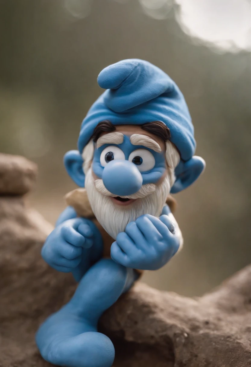 Foto de close-up de um rapaz, rosto pintado estilo smurf, olhando da esquerda para direita, without hat, careca, boca pequena