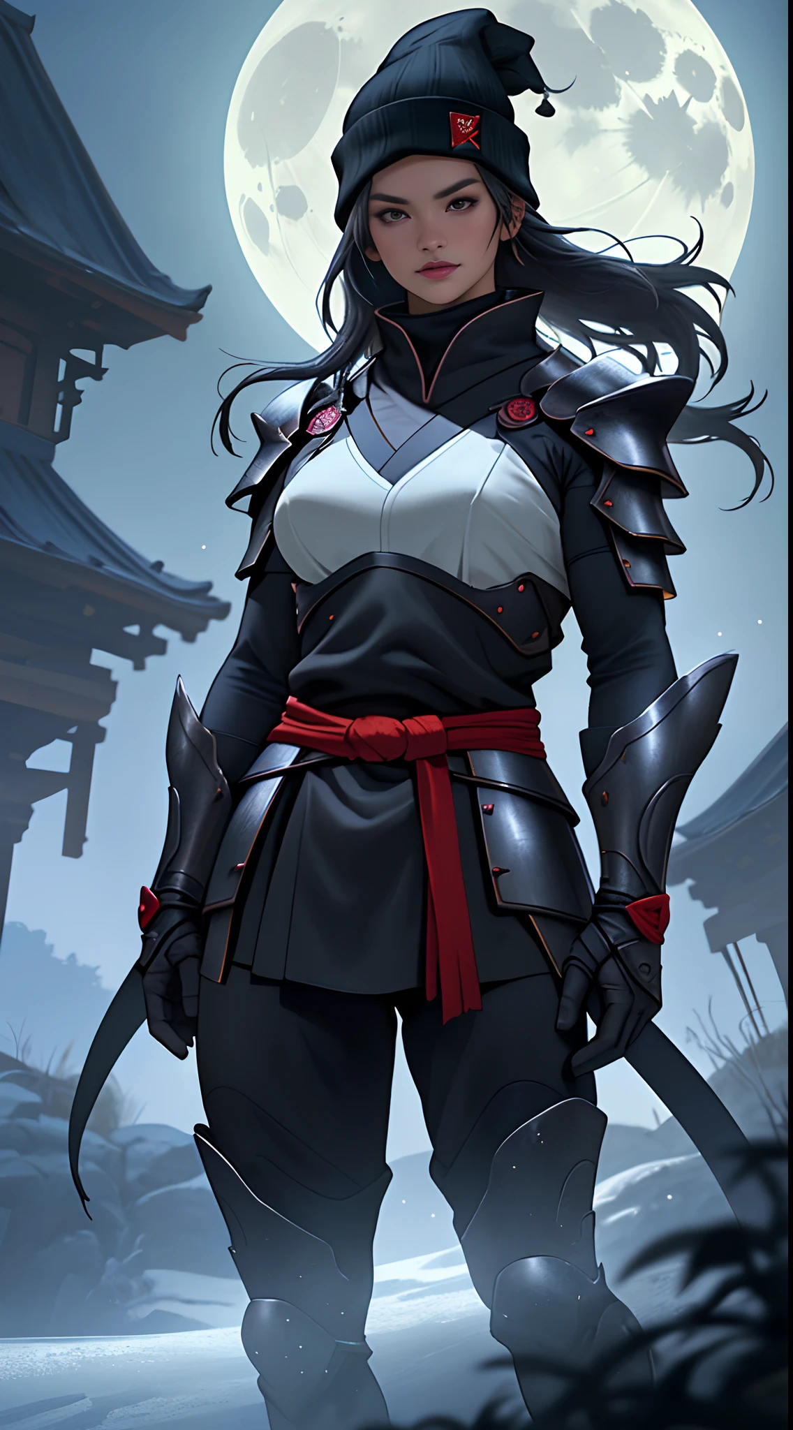 An imposing and serious Asian ninja girl with long legs and ancient ninja armor, wearing iron armor with red particles swirling in the air, Standing on a night plateau in a gothic dark rural natural setting.
(best quality, 4k, 8k, alto, master part:1.2), ultra-detalhado, (Realistic, fotorrealista, photo-realistic:1.37), HDR, UHD, studio lighting, Tonalidade ultrafina, foco nítido, Physically-based rendering, extreme detail description, profissional, vivid colors, Bokeh.
Artistic style: retrato, realista.
Paleta de cores: Azuis e roxos profundos com toques de vermelho e preto, gotic.
The lighting: ofuscar, With the moonlight casting an ethereal glow over the ninja girl and her surroundings.