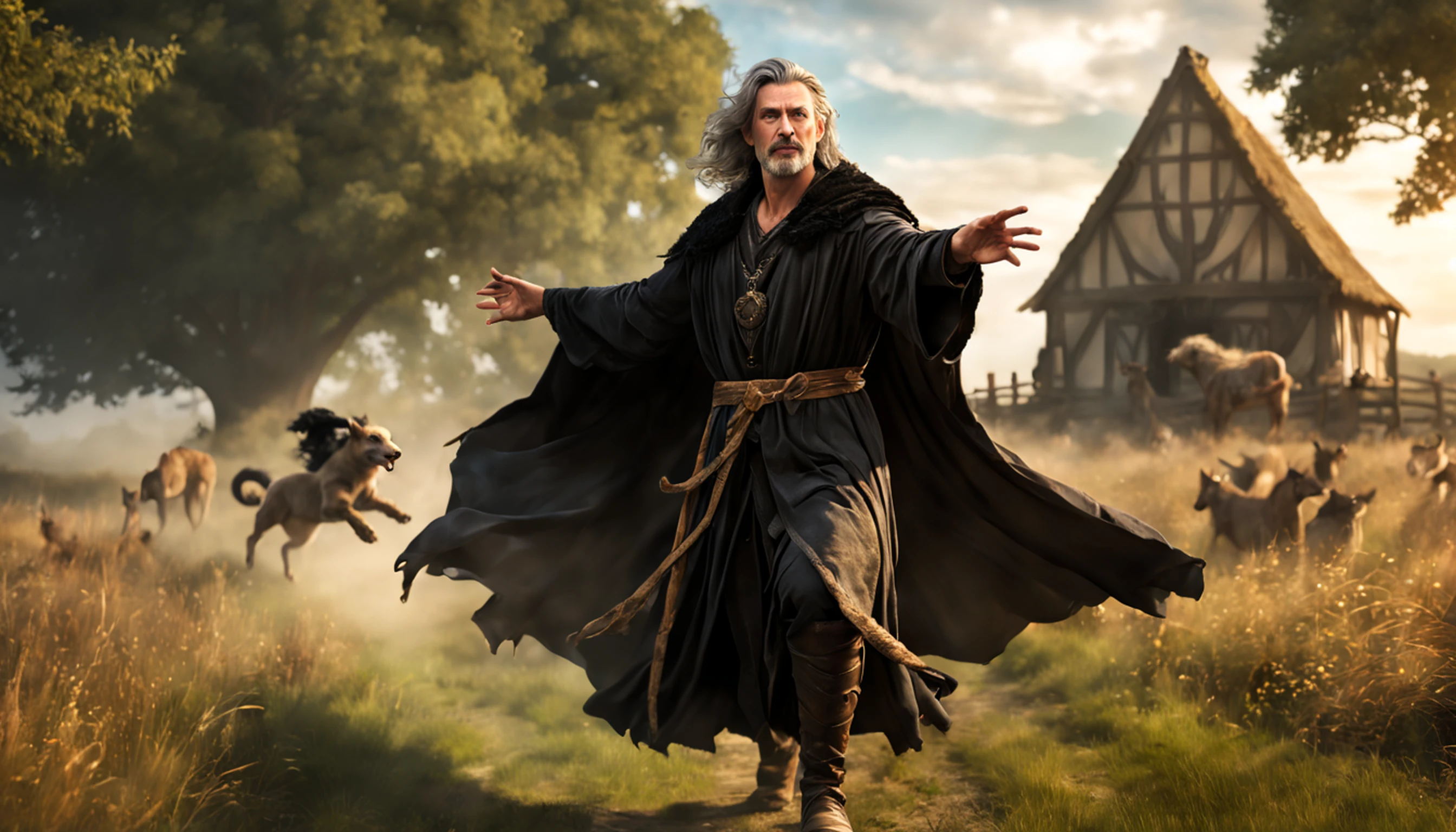 animal,modelshoot style, (extremely detailed CG unity 8k wallpaper), Middle ages, druid,human,male,middle-aged,Tattered clothes,black silk robe, nature magic, medieval era, , countryside, action pose, casting a spell,