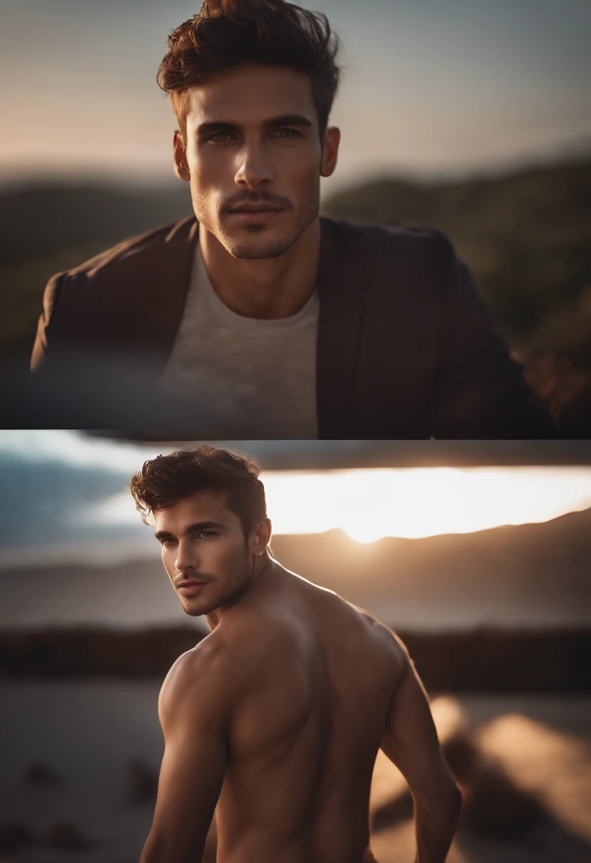 Cinematic soft lighting illuminates a beautiful Brazilian male model with stunning, ultra-realistic details, foto corporativa, plano medio, brazos cruzados ,hermoso aspecto, Short Brown Messy Hair, ojos claros de miel, Sonrisa encantadora perfecta,Sexy Creado,Hombre caliente,insanamente bonito,Esa es la tendencia de ArtStation。Octane is the perfect tool to capture the smoothest details of this 16k photographic masterpiece。