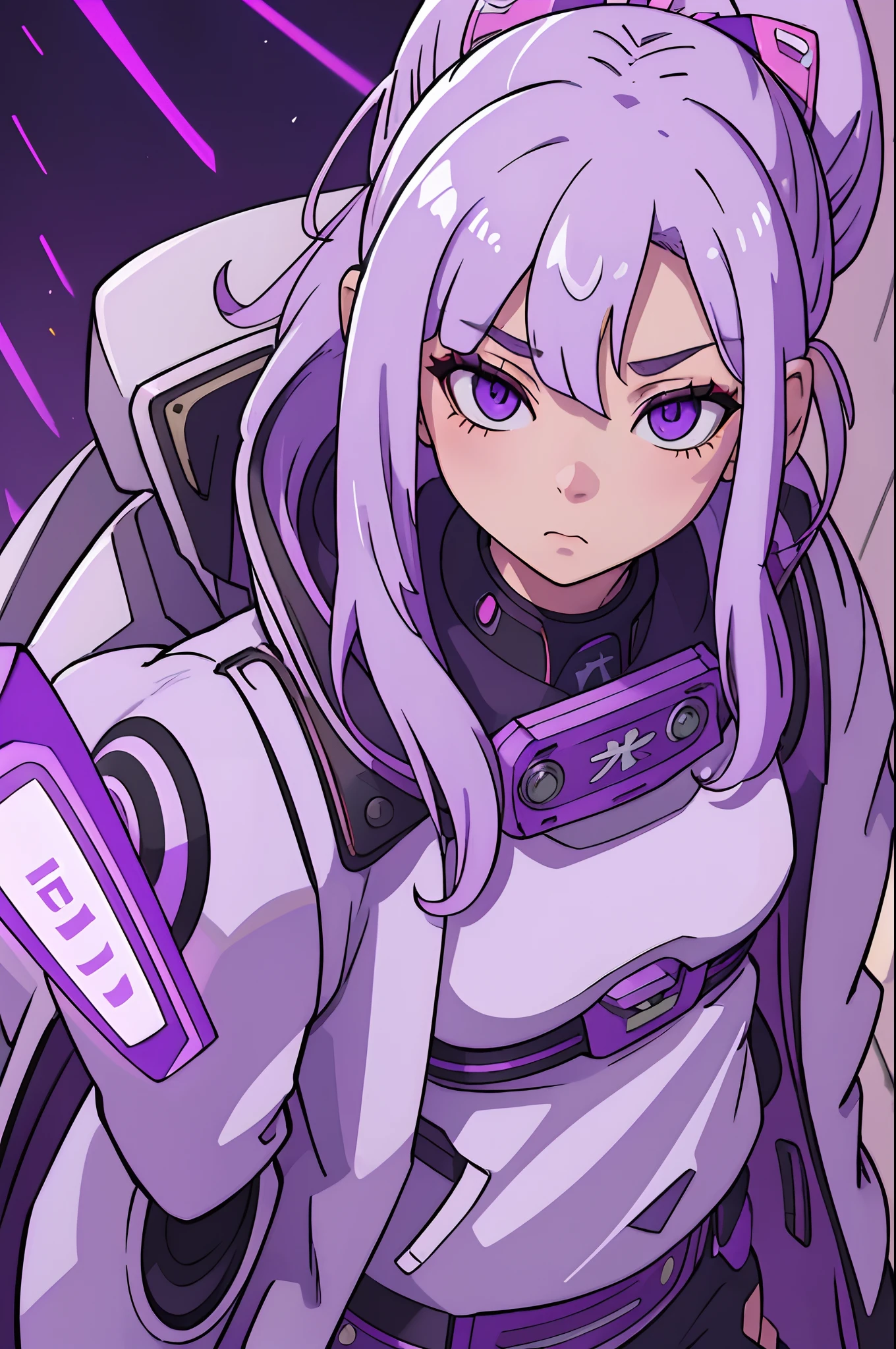 1girl,solo,mecha girl ,Albino, cute, purple hair, blonde hair, beautiful, long hair, purple eyes, wearing a jacket, samurai style, robotic mask,dragon horn,cyberpunk jacket, hair with a ribbon,night light ((8k, UHD, ultra realistic))