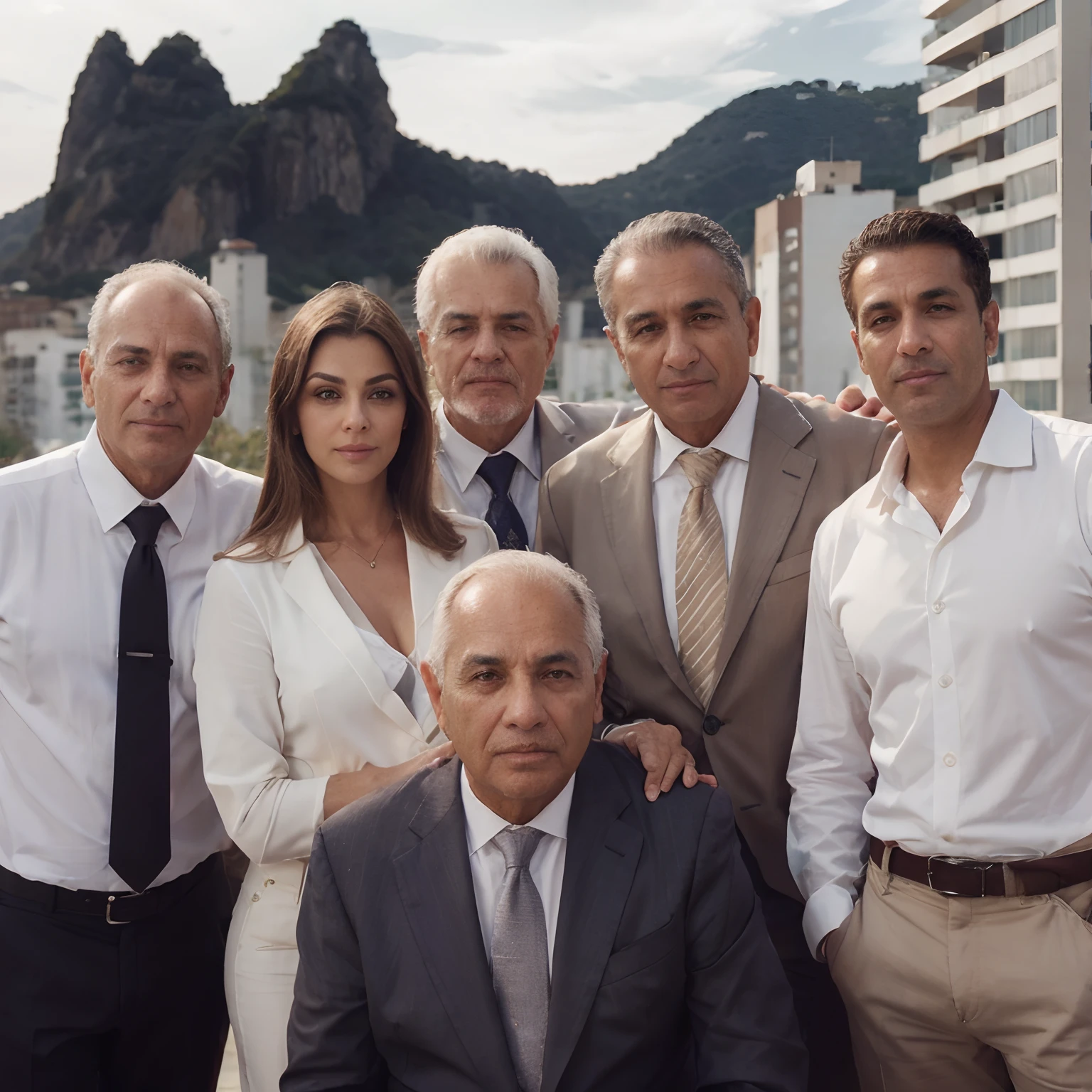 Definir melhor os olhos. A group of middle-aged Brazilian businessmen pose for a photo. No centro mais velho, um homem branco de olhos claros com 60 anos de idade. ao seu lado esquerdo, uma mulher de 40 anos de idade branca e um pouco gordinha. On the right side was a man, also 40 years old, white and stocky, cara de mal. Behind we can see the wall of luxury condominium buildings, e os cumes dos morros verdejantes tocando as nuvens baixas.