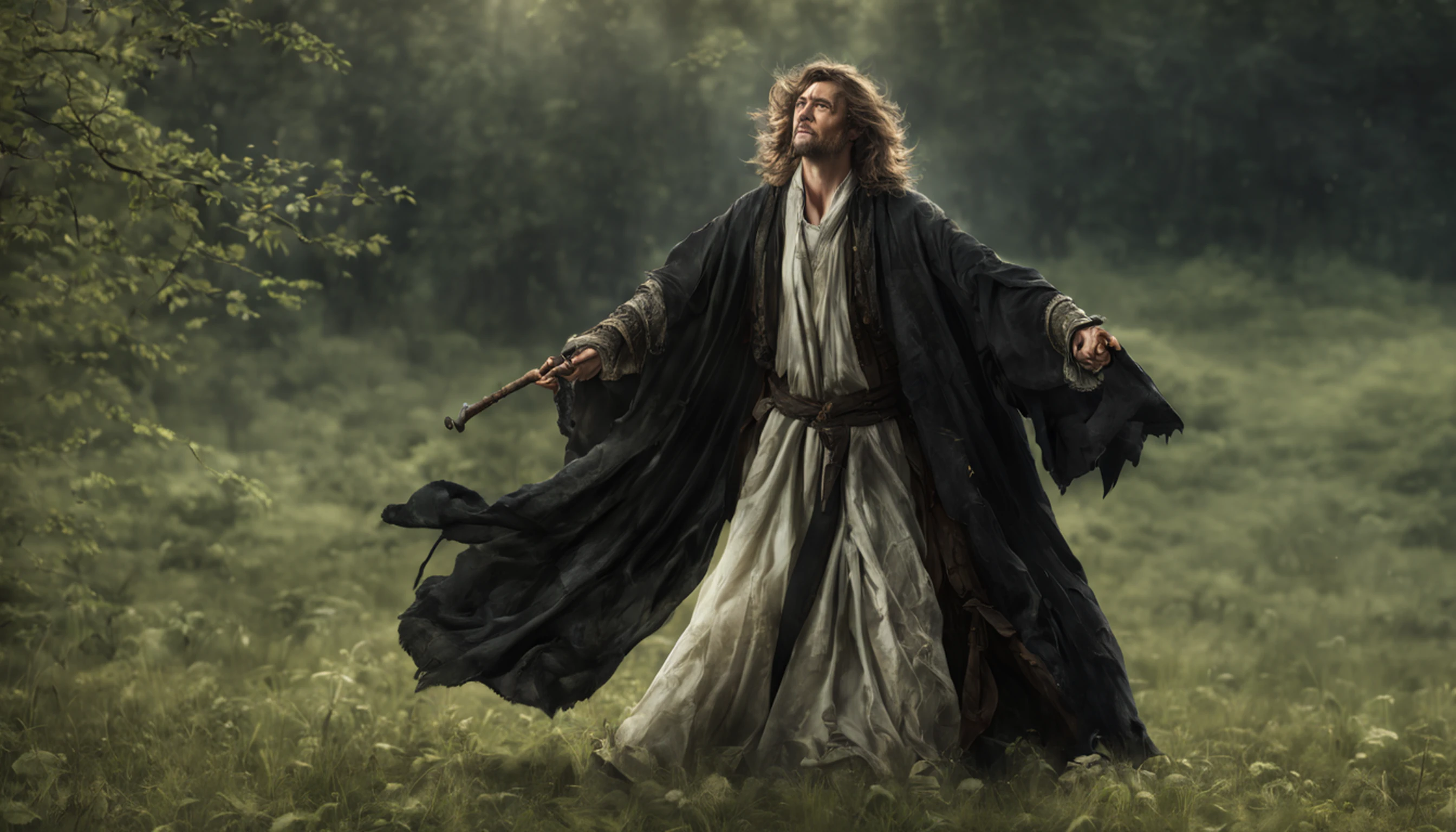 animal，modelshoot style, (extremely detailed CG unity 8k wallpaper),  Middle ages, druid，human，male，middle-aged，Tattered clothes，black silk robe,  nature magic, medieval era, , countryside, action pose, casting a spell，