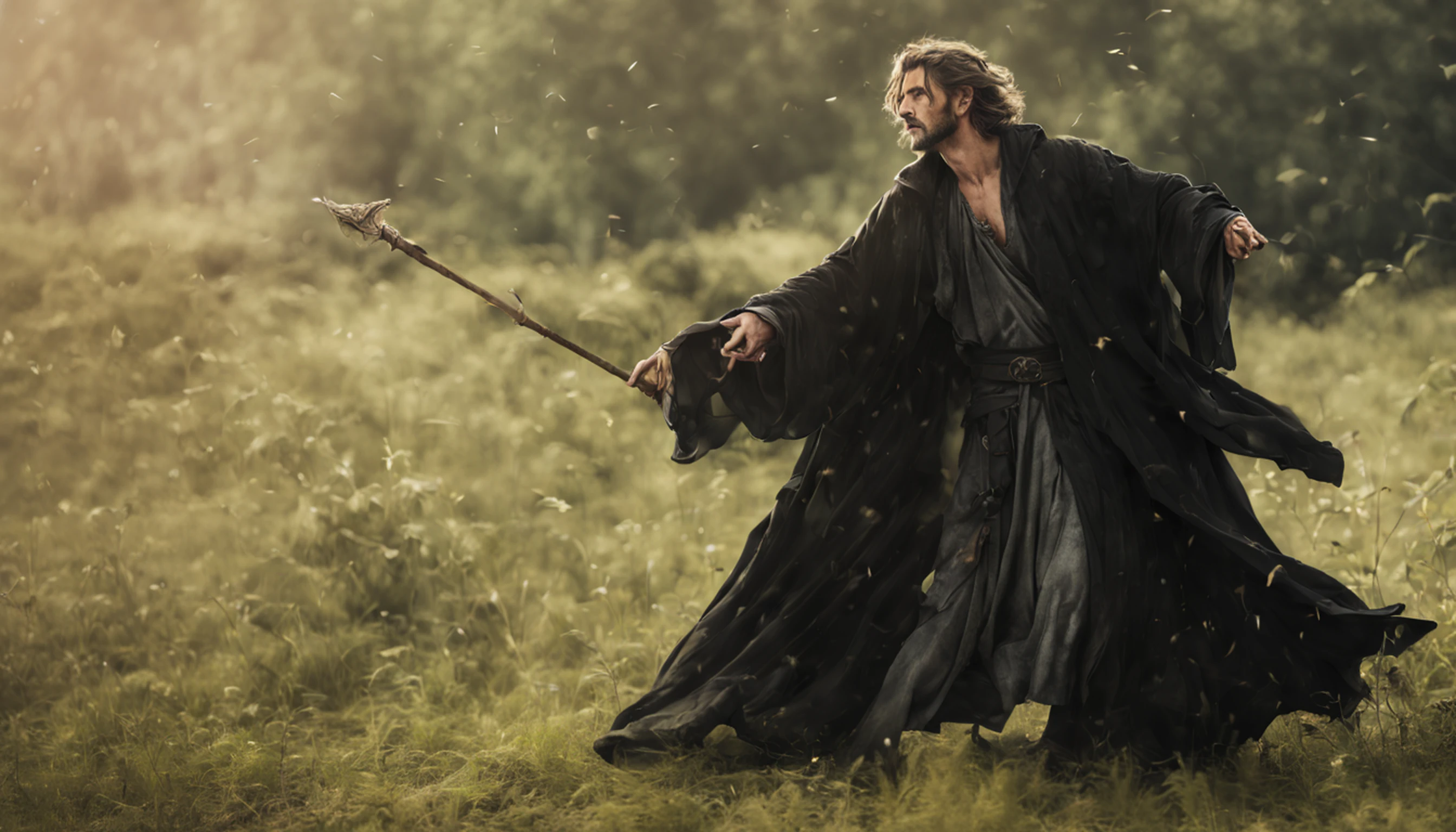 animal,modelshoot style, (extremely detailed CG unity 8k wallpaper), Middle ages, druid,human,male,middle-aged,Tattered clothes,black silk robe, nature magic, medieval era, , countryside, action pose, casting a spell,