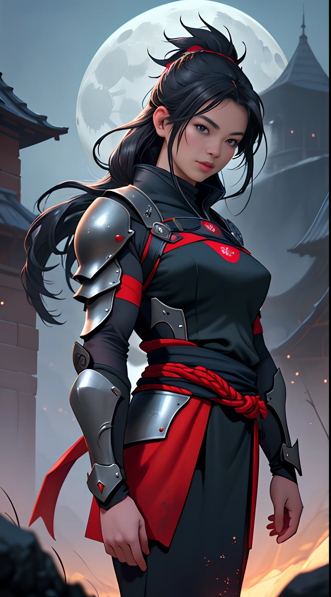 An imposing and serious Asian ninja girl with long legs and ancient ninja armor, wearing iron armor with red particles swirling in the air, Standing on a night plateau in a gothic dark rural natural setting.
(best quality, 4k, 8k, alto, master part:1.2), ultra-detalhado, (Realistic, fotorrealista, photo-realistic:1.37), HDR, UHD, studio lighting, Tonalidade ultrafina, foco nítido, Physically-based rendering, extreme detail description, profissional, vivid colors, Bokeh.
Artistic style: retrato, realista.
Paleta de cores: Azuis e roxos profundos com toques de vermelho e preto, gotic.
The lighting: ofuscar, With the moonlight casting an ethereal glow over the ninja girl and her surroundings.
