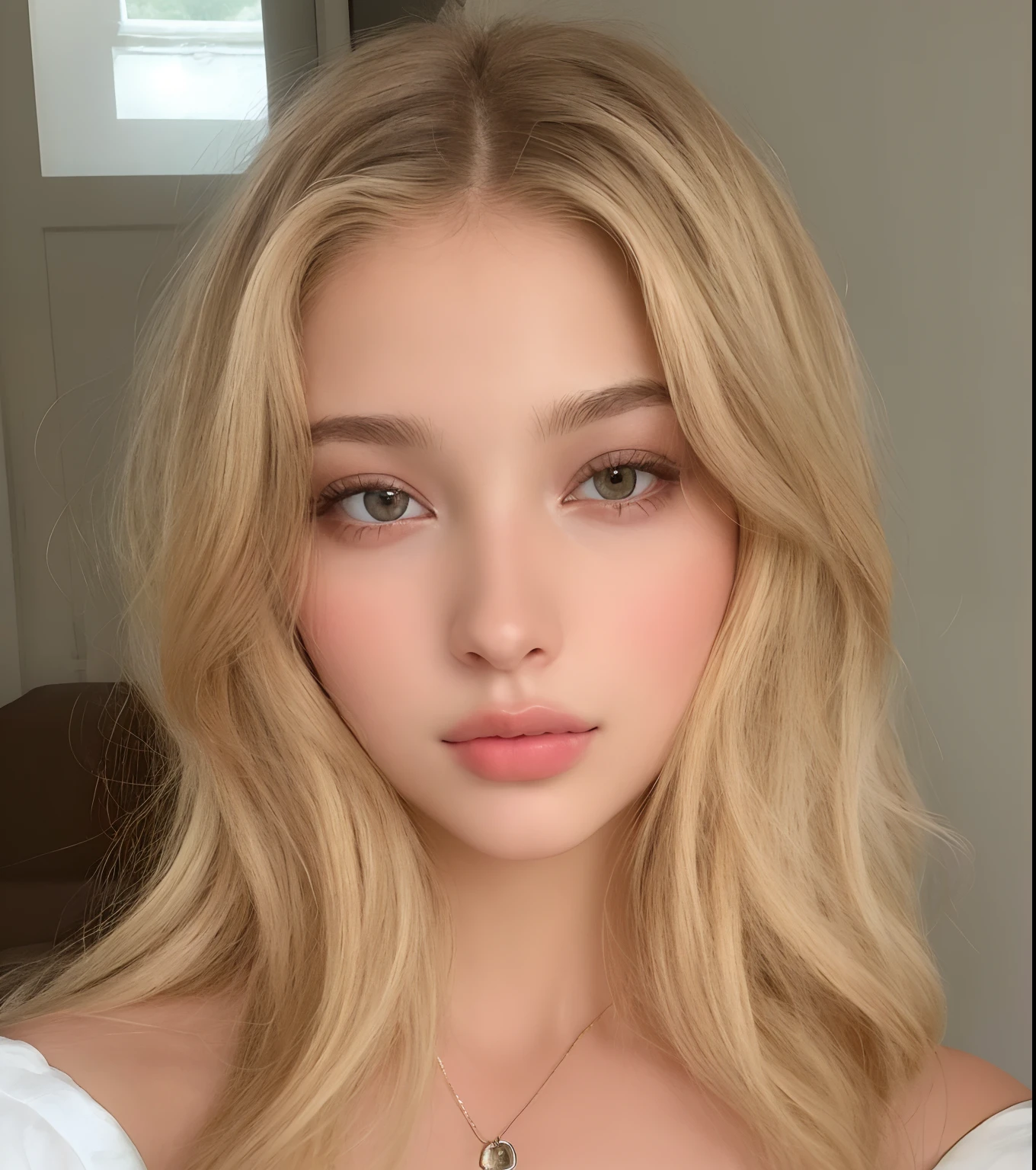 a close up of a woman with a necklace on her neck, rosto perfeito ), Retrato Sophie Mudd, impeccable face, uma menina com cabelo loiro, rosto perfeito, imagem vazada, 18 anos, beautiful fine face features, rosto extremamente bonito, modelo de rosto perfeito, sem maquiagem cabelo ondulado, Modelo do Instagram, sem maquiagem, rosto como ester exposito, lindo rosto delicado