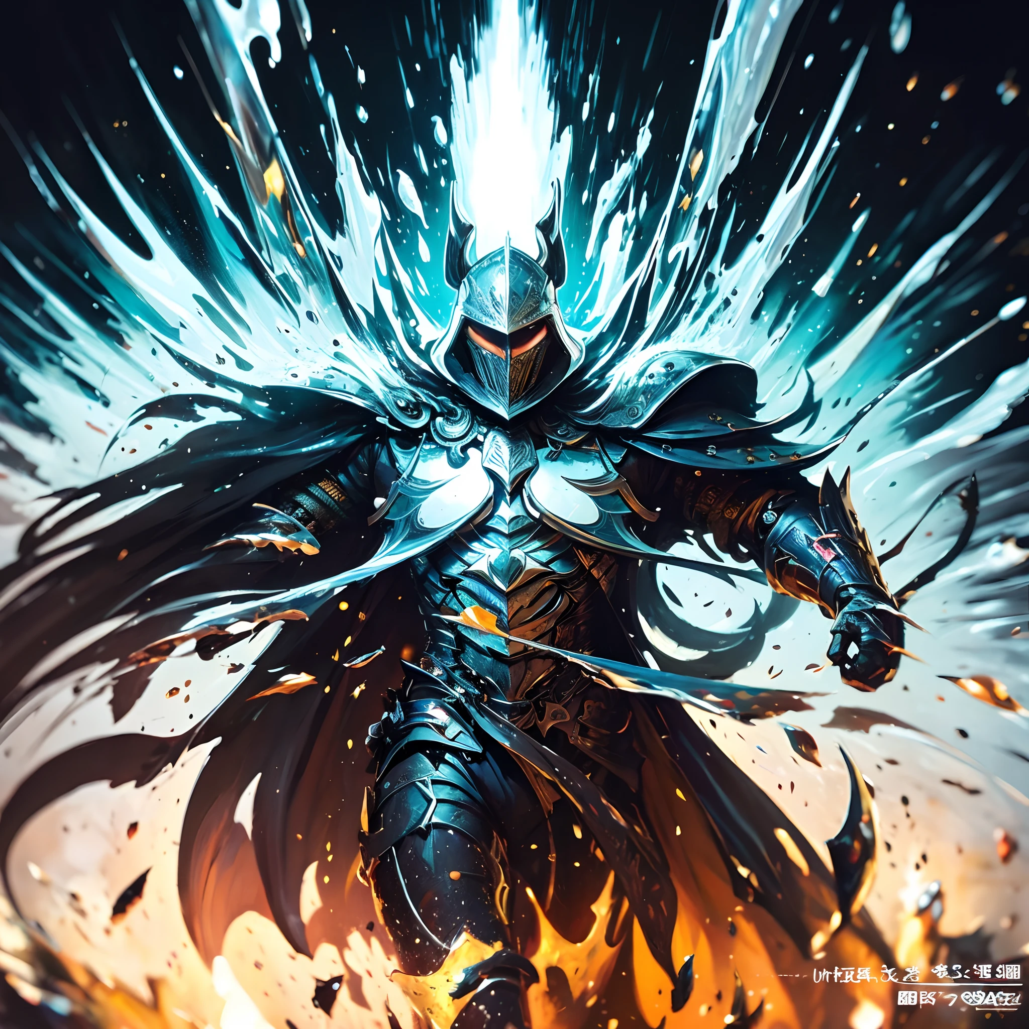 splashart、Knight with a helmet、((white backgrounid))、piercingeyes、Magnificent Instagram、art stations、splash style of colorful paint、outlines、hyperdetailed intricately detailed、Unreal Engine、Fantastical、intricate detailes、Splash Screen、Complementary color scheme、fantasy concept art、8K分辨率、Deviant masterpieces、an oil painting、heavy strokes、Paint dripping、splashart